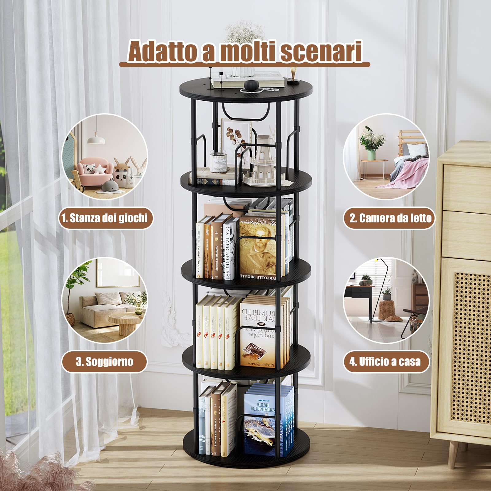 Libreria Girevole a 360° in Legno - 4 Ripiani Regolabili, Scaffale Verticale Portaoggetti per Uffici e Soggiorni, 45×45×129 cm, Nero