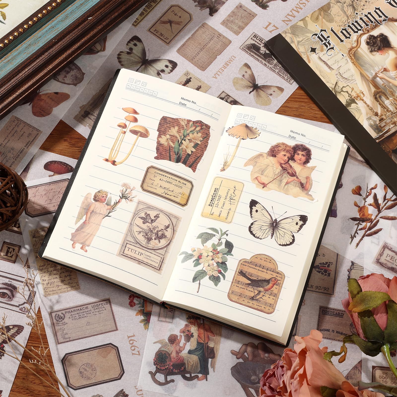 Vintage Ephemera Naklejka 24 Arkusze 480 Wstępnie Ustawione Naklejki Washi Papier Dziennik Naklejki dla Dorosłych Dziennik Śmieci Naklejka Książka Artykuły do scrapbookingu