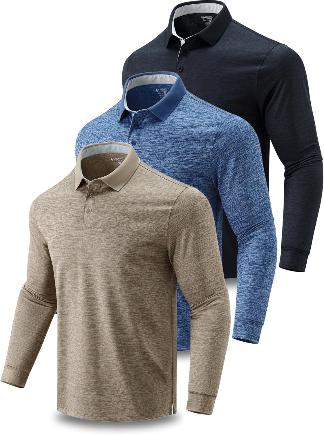 3 Pack: Dry Fit Long Sleeve Polo Shirts for Men, Athletic Collared Golf T-Shirts Performance Tops