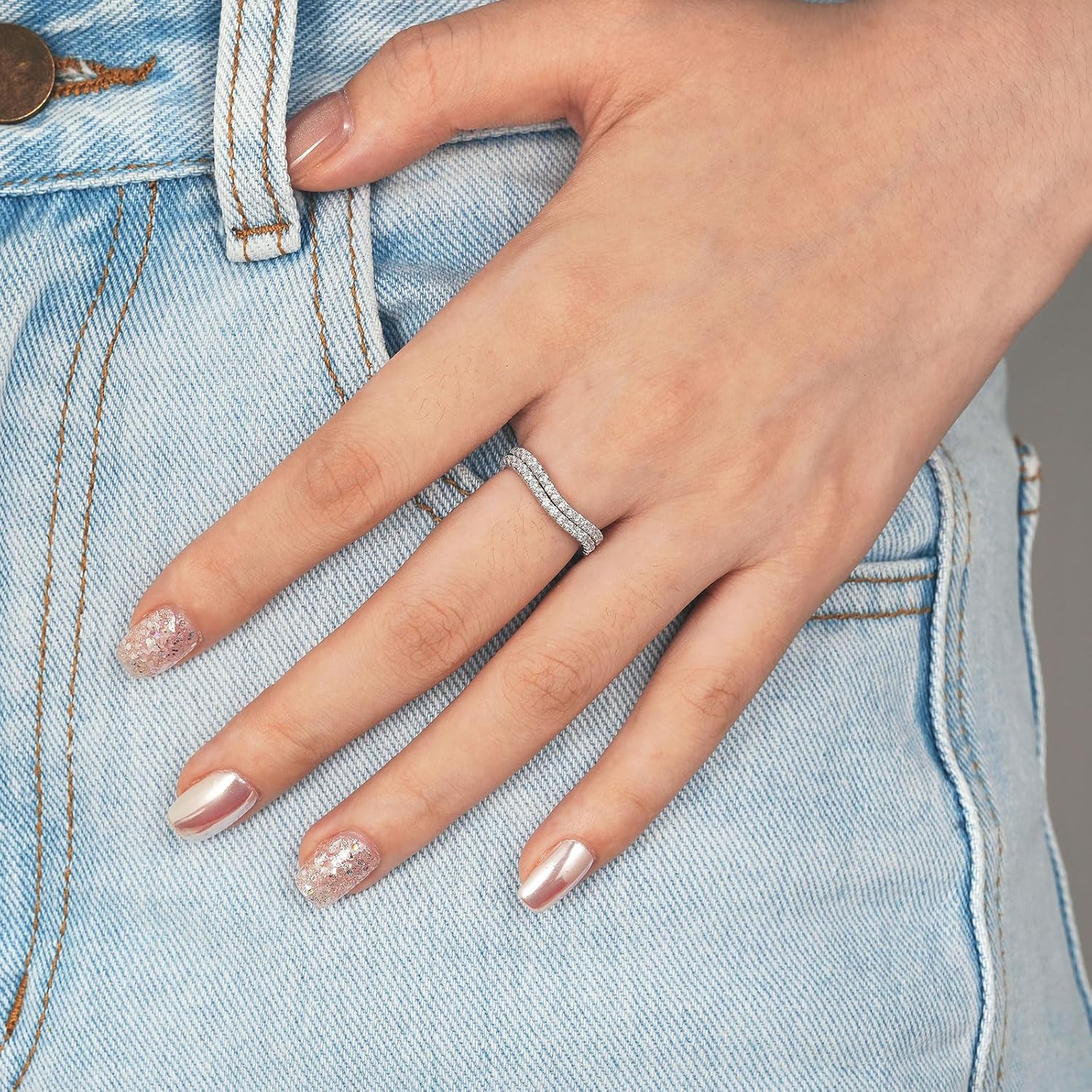 Newshe Jewellery Curved Wedding Bands for Women Cz Stacking 925 Sterling Silver Eternity Rings Wishbone Size 4-13 - Image 6