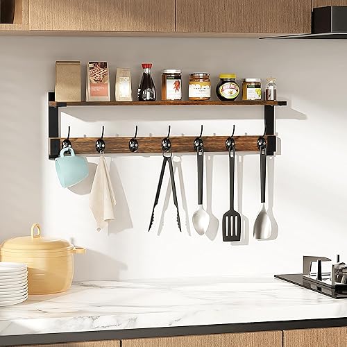 Miniatura 7 de Ganchos de pared con estante, perchero de 28.7 pulgadas con gancho para abrigo, mochila, llave, colgador de ropa, estante flotante de pared para