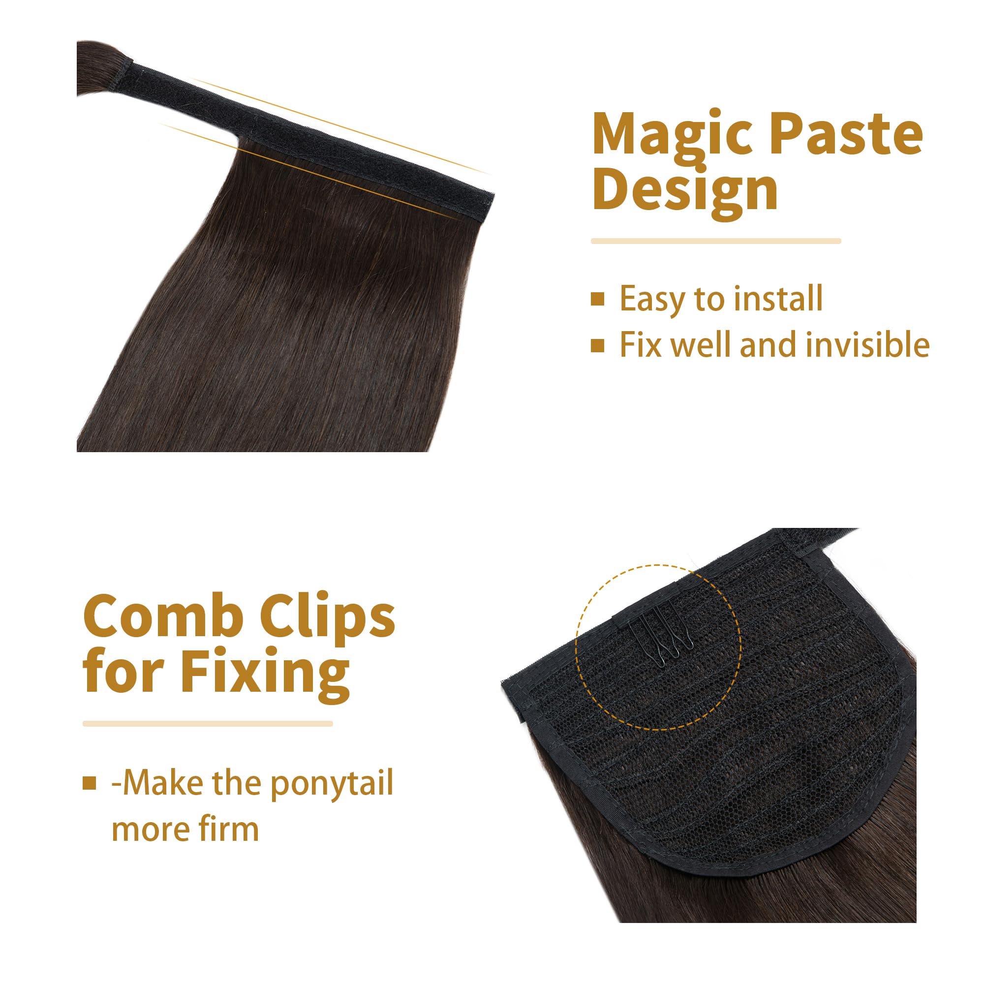 SEGO Coda Capelli Veri Clip Extension Coda di Cavallo Ponytail Fascia Unica 100% Remy Human Hair Naturali Umani Lisci 40cm-80g # Castano Scuro