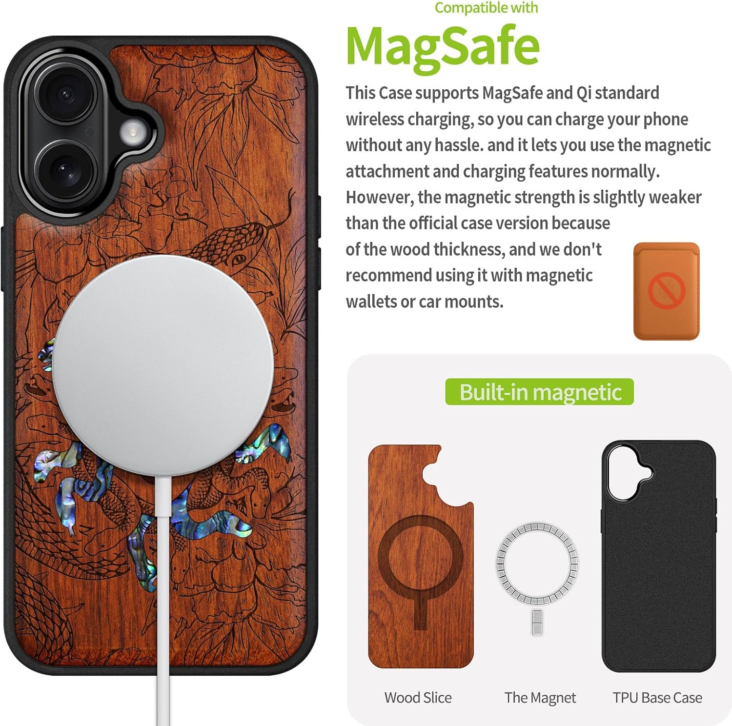 Carveit Magnetic Wooden Case for iPhone 17 Case, Wood Artisan Engraved & Handmade Shell Inlaid, TPU Shockproof Cover, Compatible with MagSafe Wireless Chargers (The Medusa Enigma-Rosy)