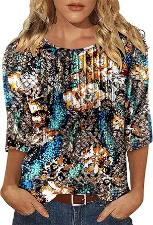 KISSMODA Tunic Tops for Women Loose Fit Dressy Round Neck Pleated 3/4 Length Sleeve Spring Tops