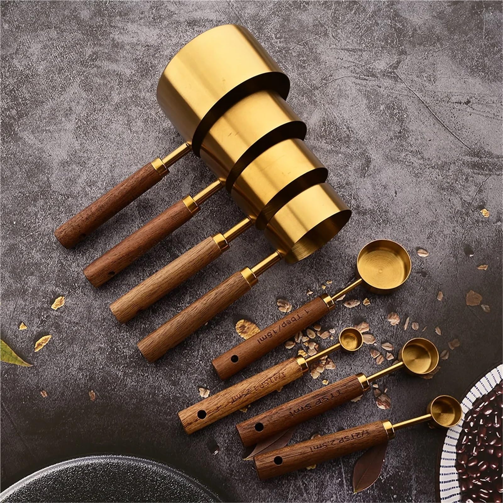 Messbecher aus Edelstahl mit Holzgriff, Löffel, Backwerkzeuge, Kaffeemesslöffel-Set, Bartending-Waage, Zubehör für Flüssigkeiten und Feststoffe