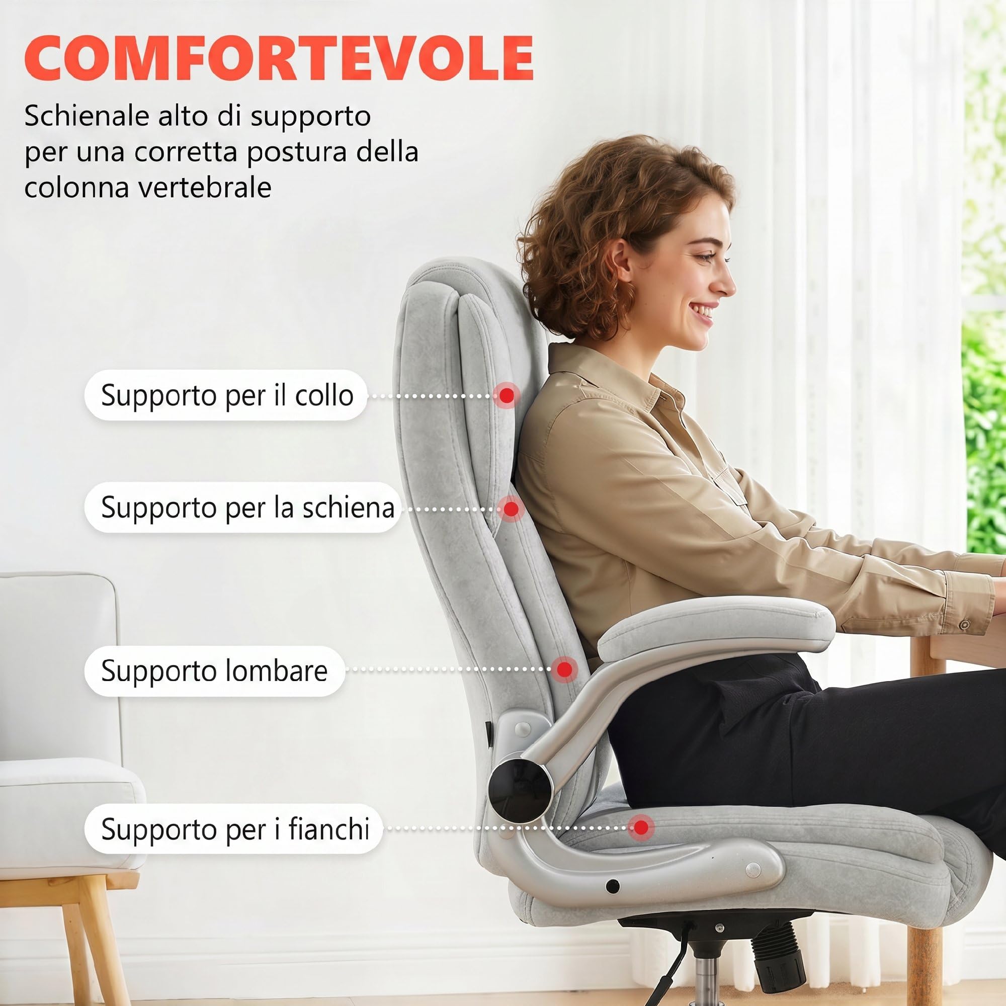 HOMCOM Sedia Ufficio Ergonomica con Braccioli Ribaltabili Imbottiti Crema | Sedia Scrivania Imbottita Girevole, Velluto Stampato, Funzione Dondolo, Multi-Cuscino, Schienale Alto, Altezza Regolabile,