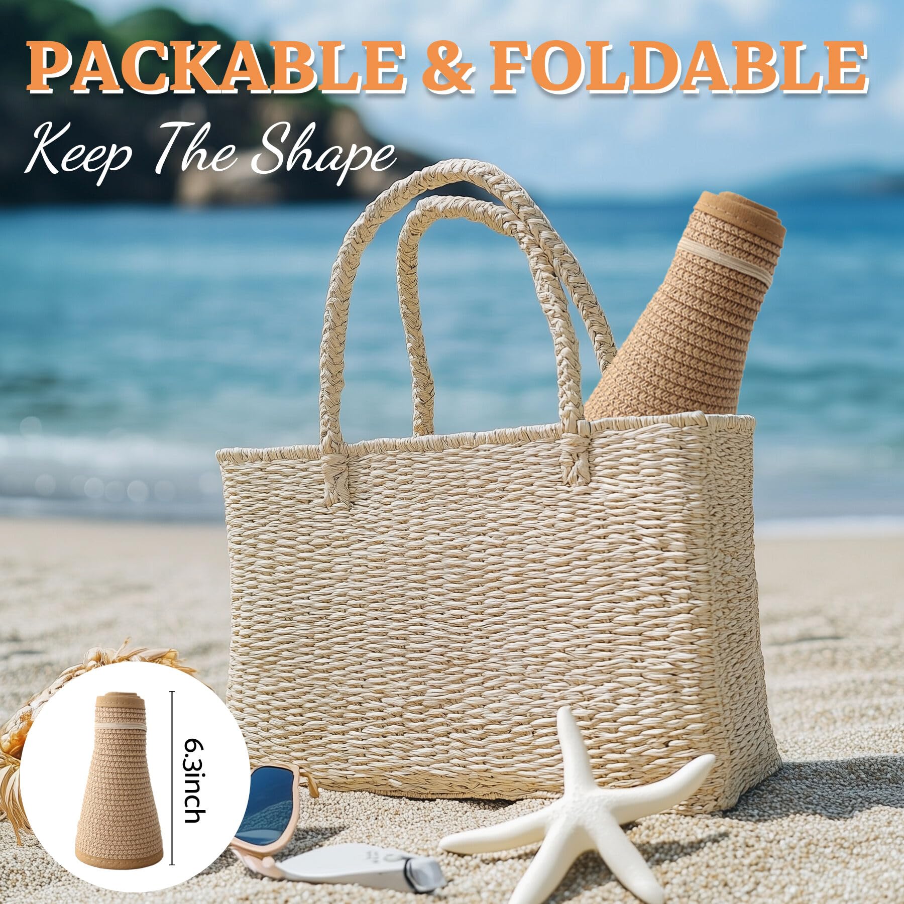 Sombreros con visera solar para mujer, sombrero de paja de ala ancha para cola de caballo, sombrero de playa, plegable, plegable, protección UV, sombreros de viaje, Caqui, Talla única 6