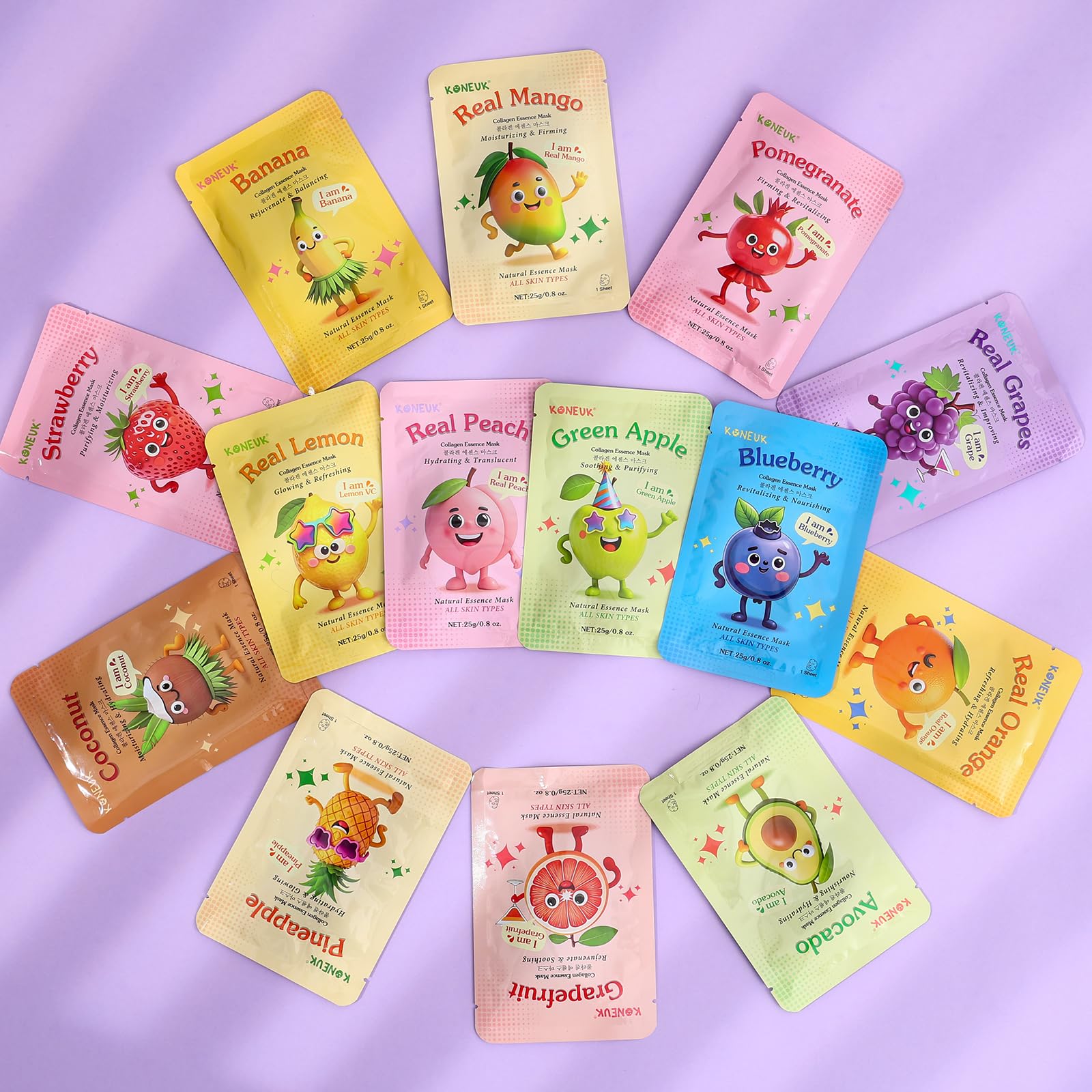 KONEUK Set mit 70 feuchtigkeitsspendenden Kollagen-Gesichtsmasken für die Hautpflege von Frauen, Gesichtsmasken mit Fruchtdesign für die Hautpflege von Kindern und Jugendlichen, Set