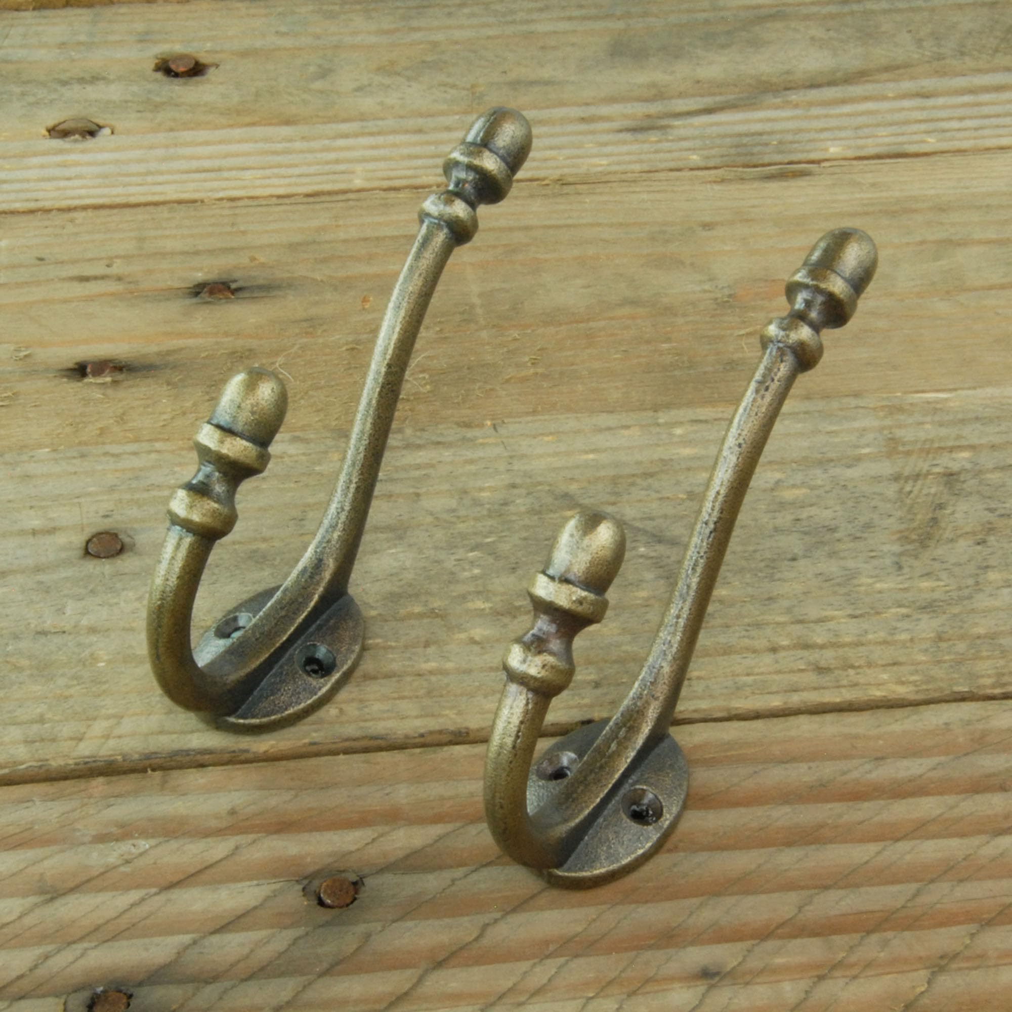UNDERGROUND PARTS Set of 2 - Vintage Antique Brass Finish Cast Iron Double Metal Wall Hooks