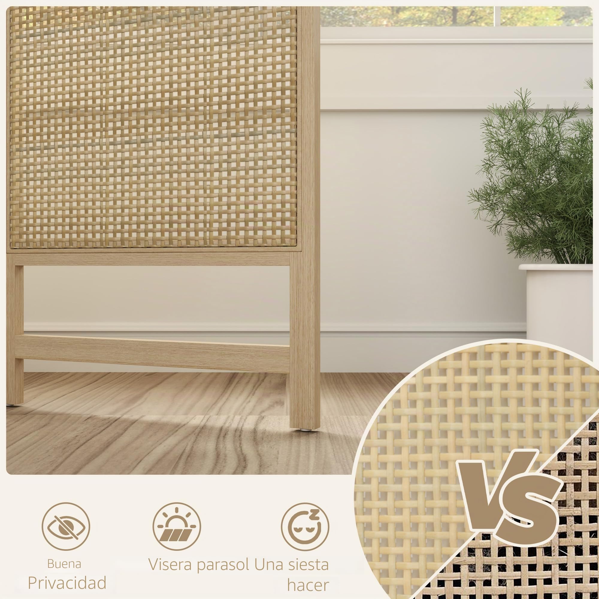 HOMCOM Divisor 3 paneles 135x180cm PP Ratán Natural | Divisor plegable, pantalla de privacidad, tabique para sala de estar