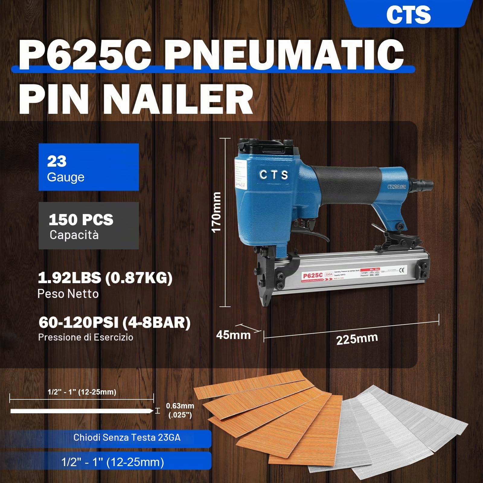 P625C Chiodatrice pneumatica 23GA 12-25mm sicurezza per falegnameria-mobili | Punta snella e precisa. 0,9kg leggera. Caricatore 150 chiodi. Impugnatura gommata. Per armadi, finestre, porte e decorazioni