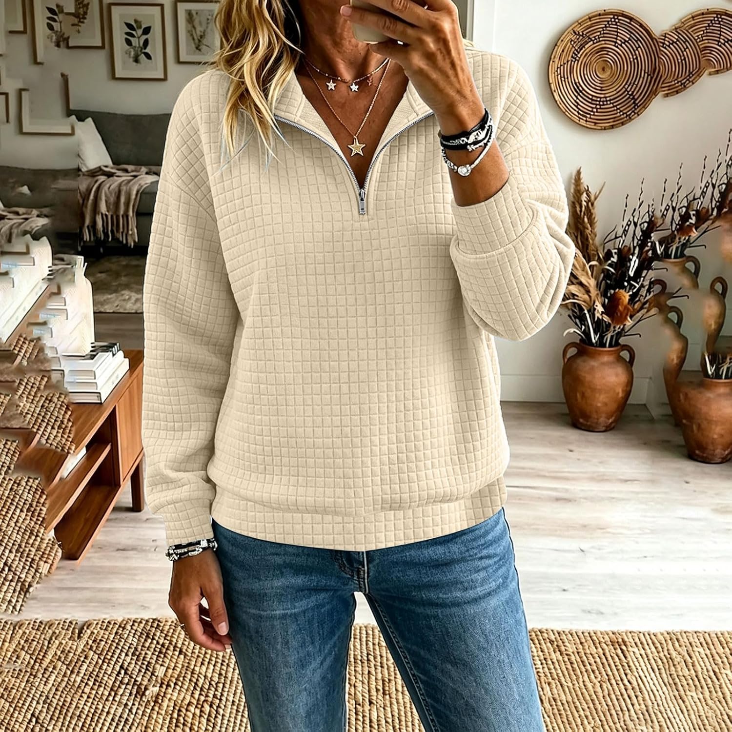 Women 4/1 Zip Waffle Knit Shirts Stand Collar Long Sleeve Loose Top