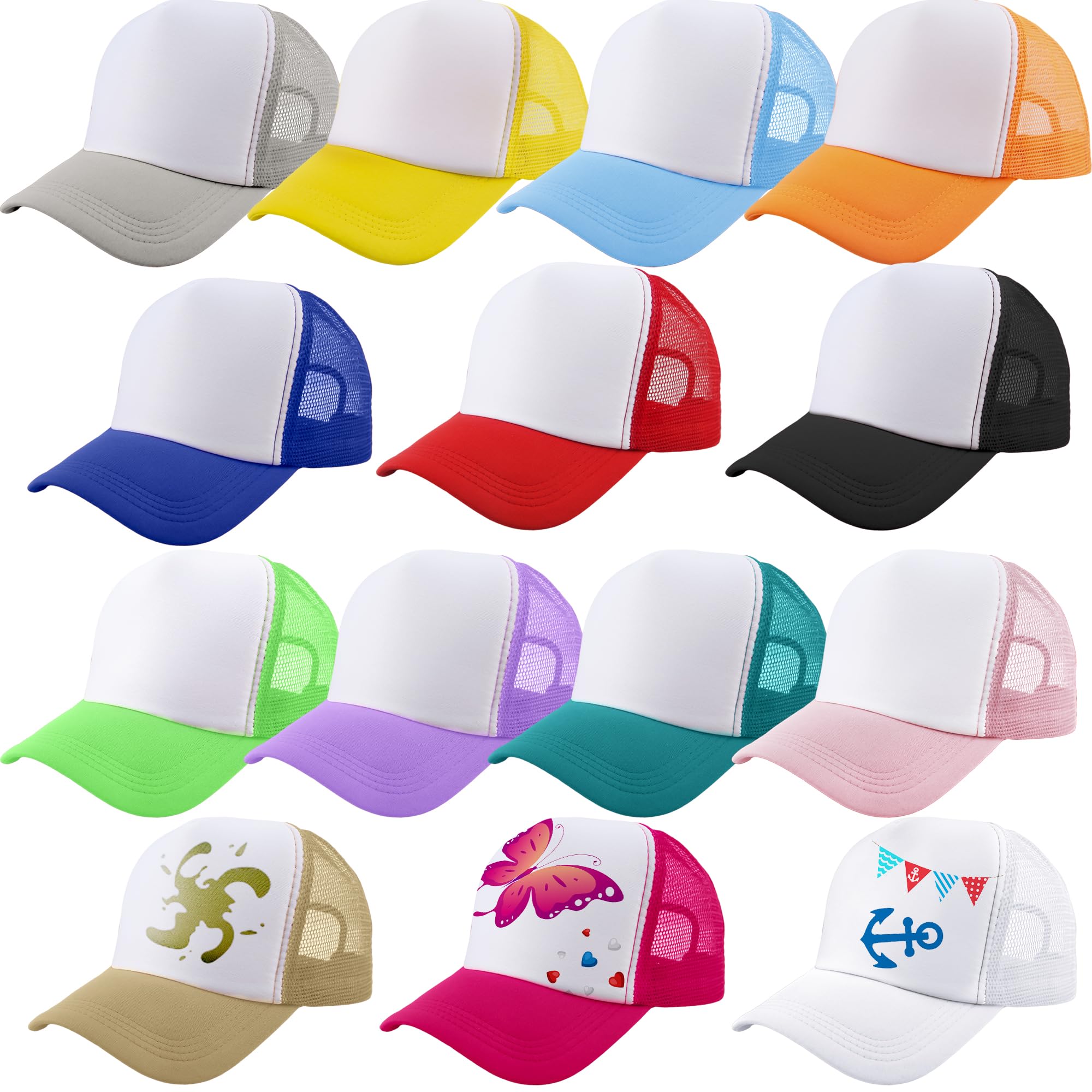 14 Stück Kinder-Truckermützen, einfarbig, Netz-Baseballkappe, Sommer-Sublimationshut, DIY-Baseballmütze für Kinder, Jungen, Mädchen
