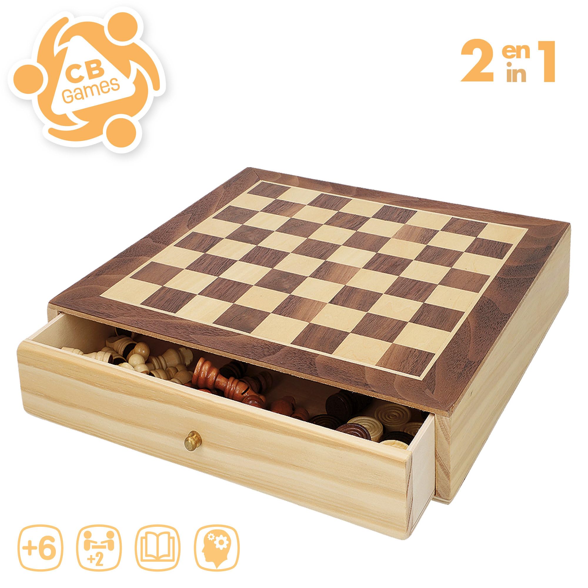 ColorBaby CB Games 45594 Jeu de société d'échecs et de Dames 2 en 1 en Bois avec tiroir 30 x 30 cm