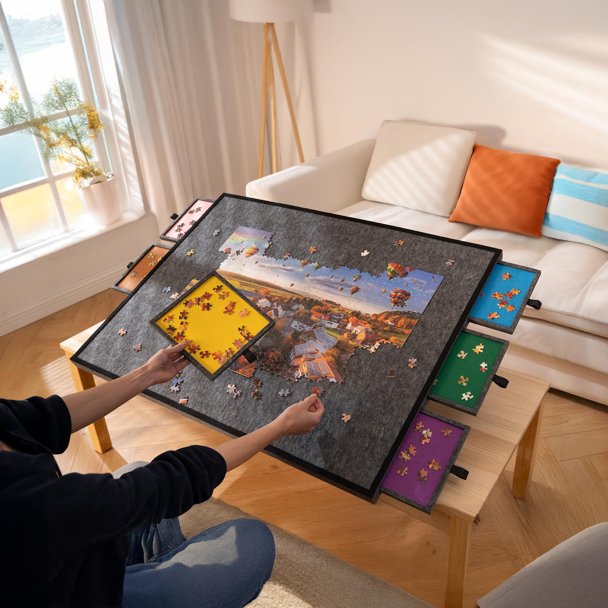 Tektalk Tavolo puzzle pieghevole con coperchio, 3 angoli di inclinazione, in feltro leggero e portatile, con 6 cassetti di classificazione, per fino a 2000 pezzi, grigio scuro