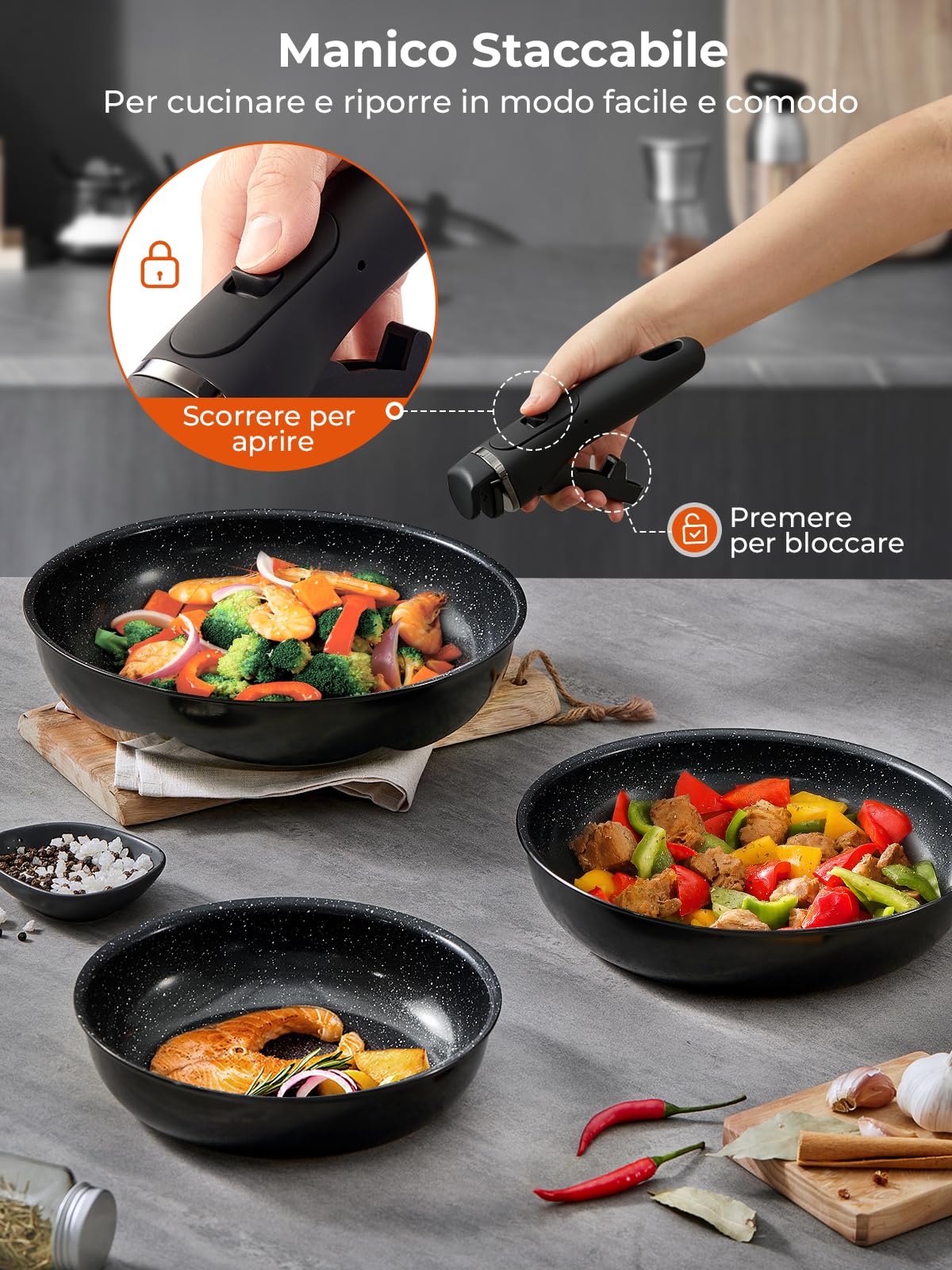 FOHERE Padelle Antiaderenti con Manico Removibile, Set 3 Padelle in Ceramica 20/24/28 CM, Padelle Induzione Per Tutti I Piani Cottura, Lavabile in Lavastoviglie e Forno, Padella Alluminio