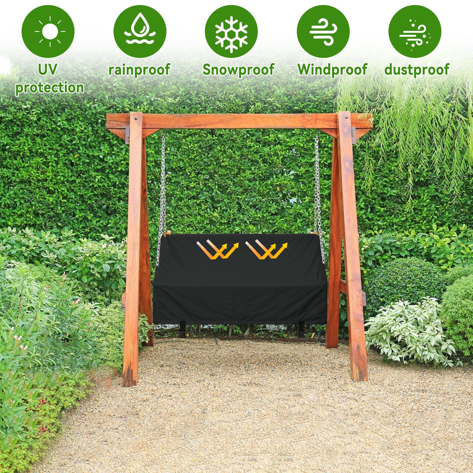 Housse de balancelle suspendue - 600D - Imperméable - Résistante aux UV - Pour extérieur, terrasse, véranda et jardin - 215 x 115 x 50-70 cm - Noir
