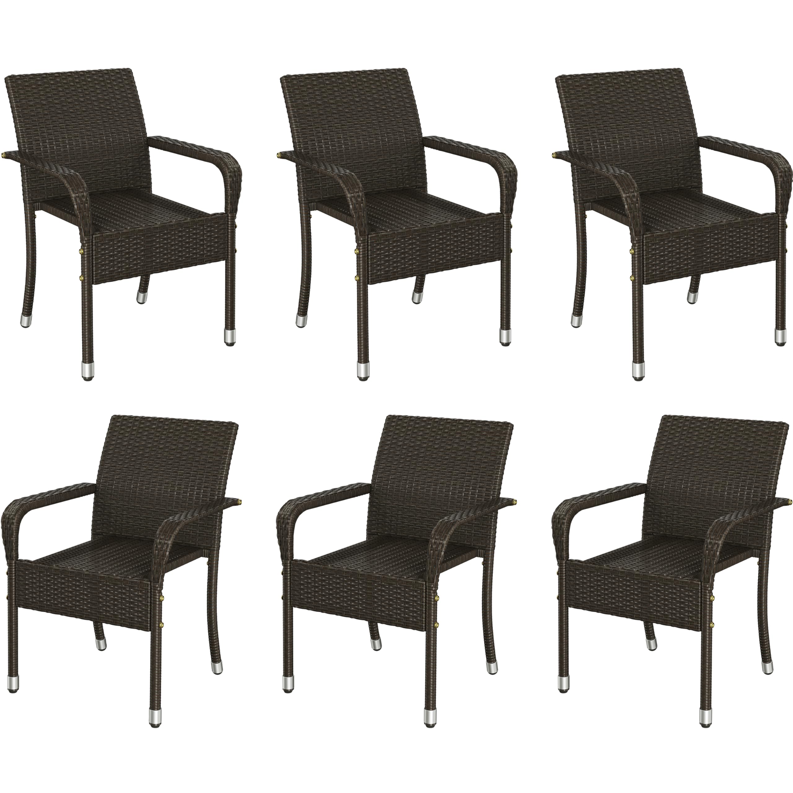 Yaheetech Set of 6 Stackable Outdoor Rattan Dining Chairs, All-Weather Armchair w/Armrests, Steel Frame for Garden, Patio, Deck, Yard, Poolside, Brown