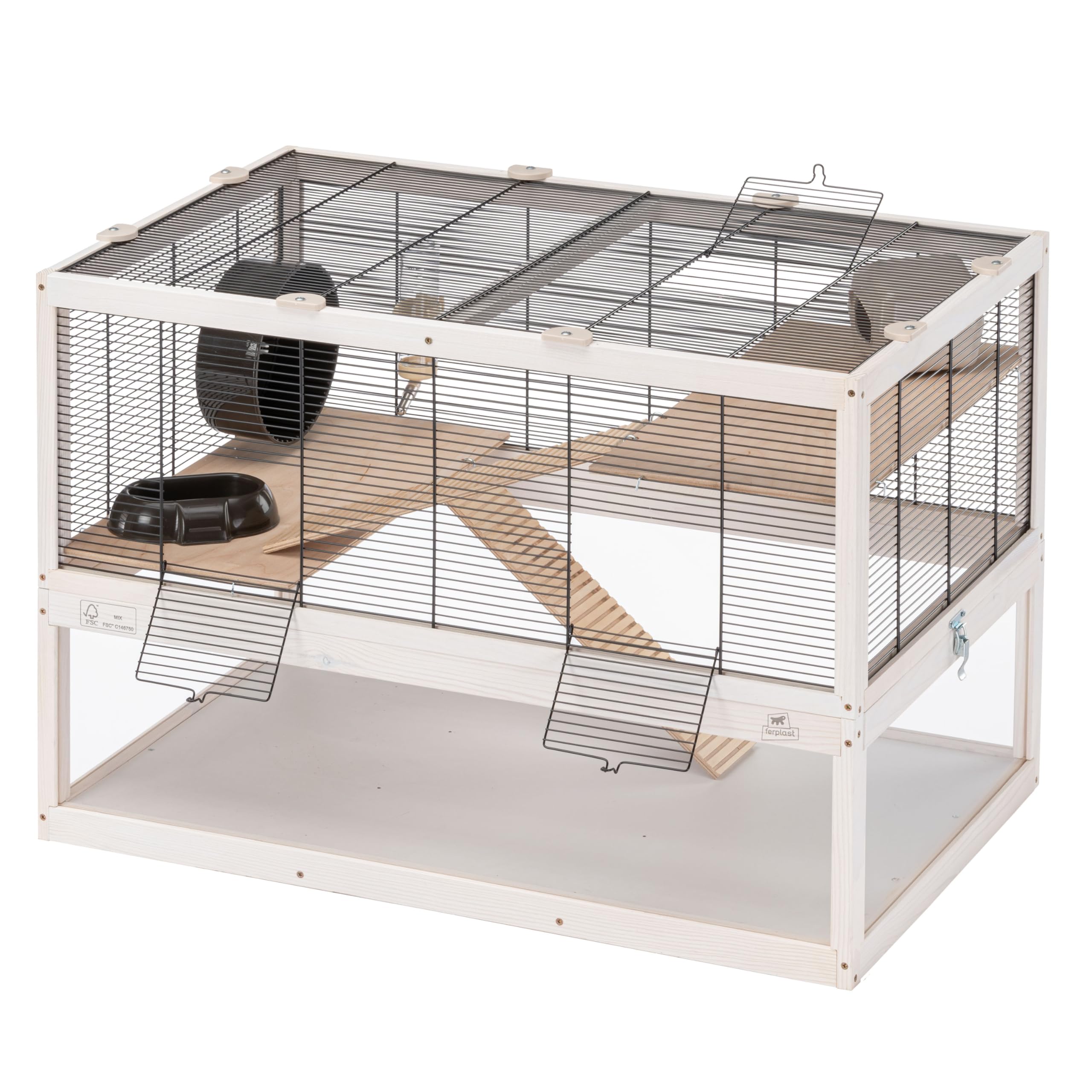 Ferplast Gabbia per criceti DOMSTER, Gabbia per topi a 3 livelli, con accessori, piattaforme e scale, metallo verniciato e legno FSC, base trasparente, gabbia per criceti in legno 80 x 50 x h 56 cm