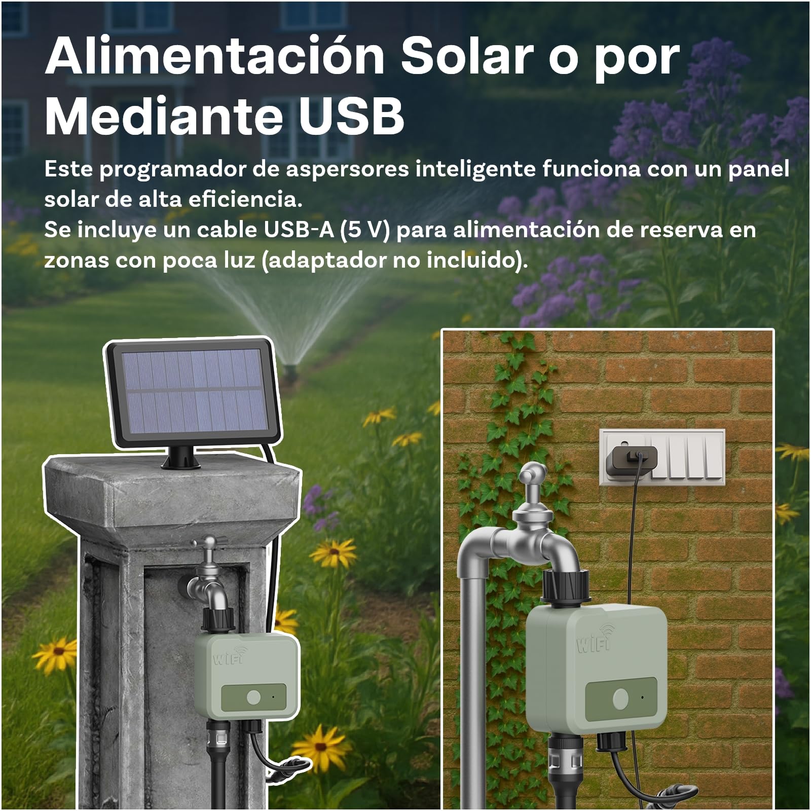 Temporizador de Riego WiFi Inteligente por MMOBIEL - Programador de Riego con Alimentación Solar y USB - Alcance Inalámbrico de 30m (WiFi + Solar Powered)