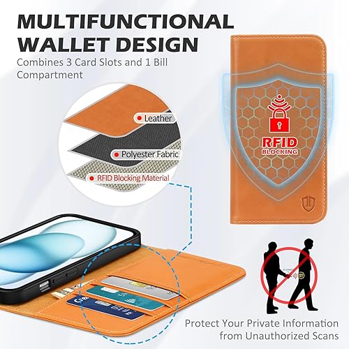 Miniatura 3 de SHIELDON Funda para iPhone 15 5G 2023, piel auténtica para iPhone 15, cartera con función atril, bloqueo RFID, tarjetero magnético a prueba de