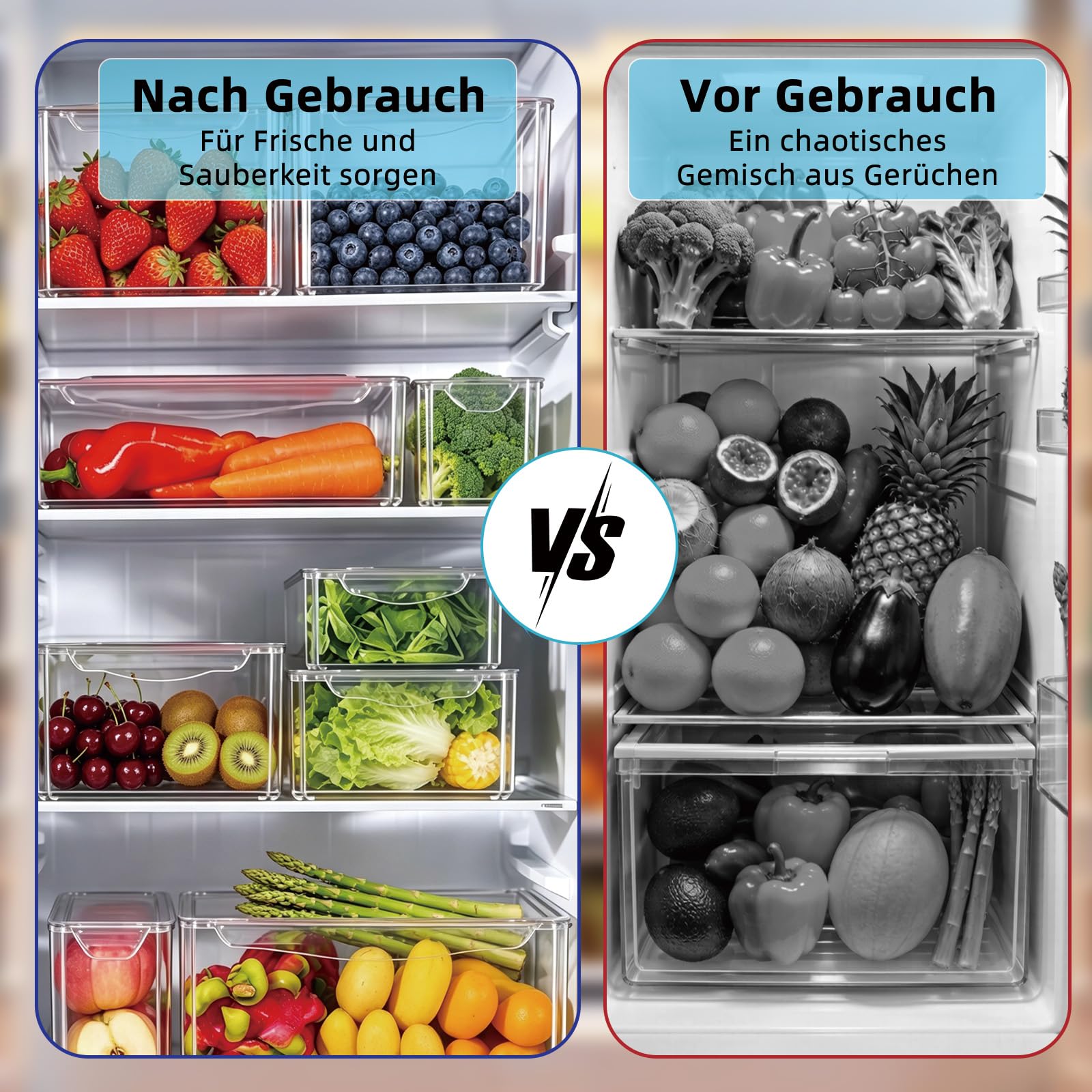 10er Pack Kühlschrank Organizer mit Deckel, Kühlschrank Organizer Stapelbar, BPA-frei, Durchsichtige Kühlschrank Aufbewahrungsboxen für Obst, Gemüse, Lebensmittel