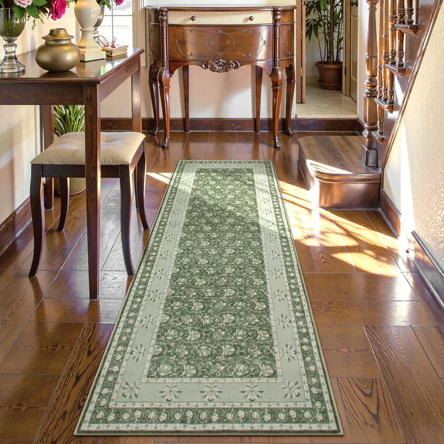 Lahome Green Washable Runner Rug, Low Plie Soft 2x6 Runner Rug Non Slip Kitchen Runner, Vintage Floral Carpet Runners for Bedroom Entryway Bathroom (2'x6', Green)