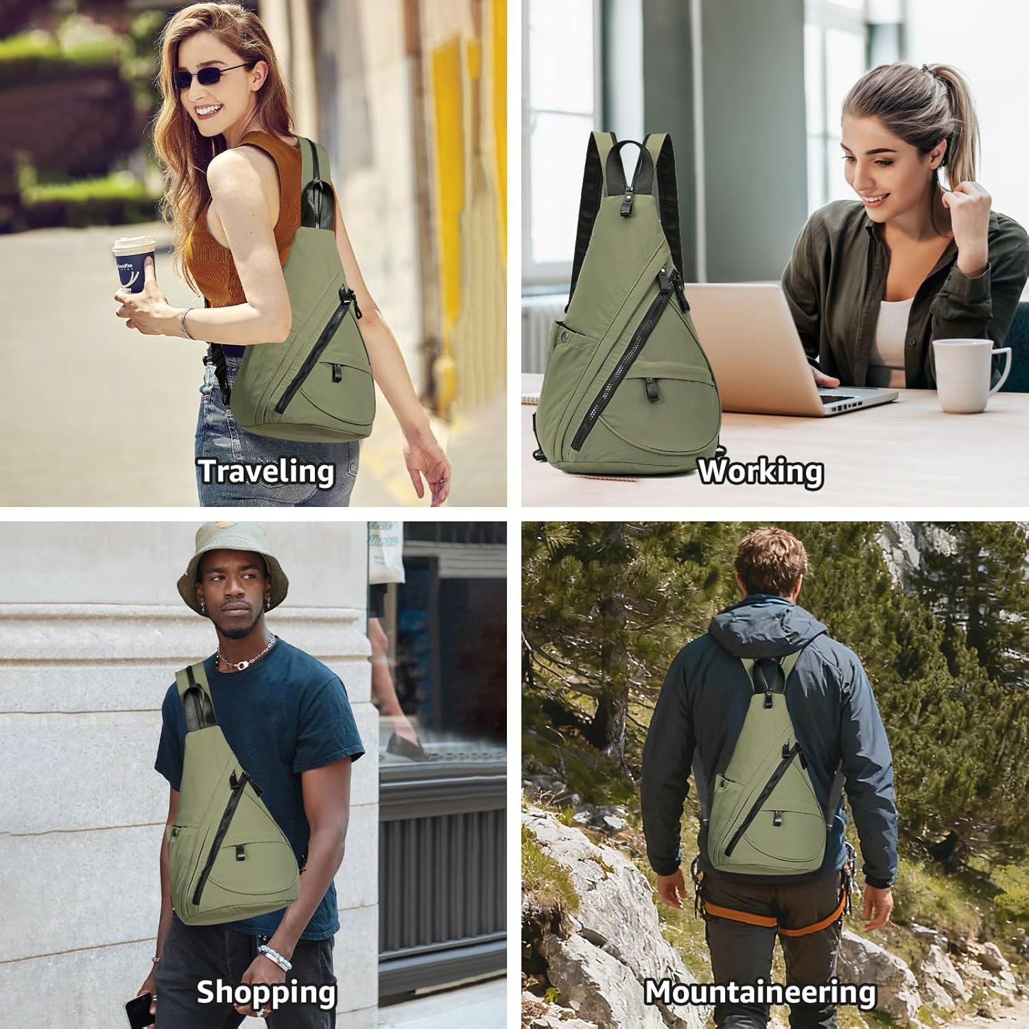 KL928 Crossbody Sling Backpack Nylon Cross Body Bag Travel Hiking Shoulder Bags Daypack Rucksack Unisex (Olive Green) - Image 6