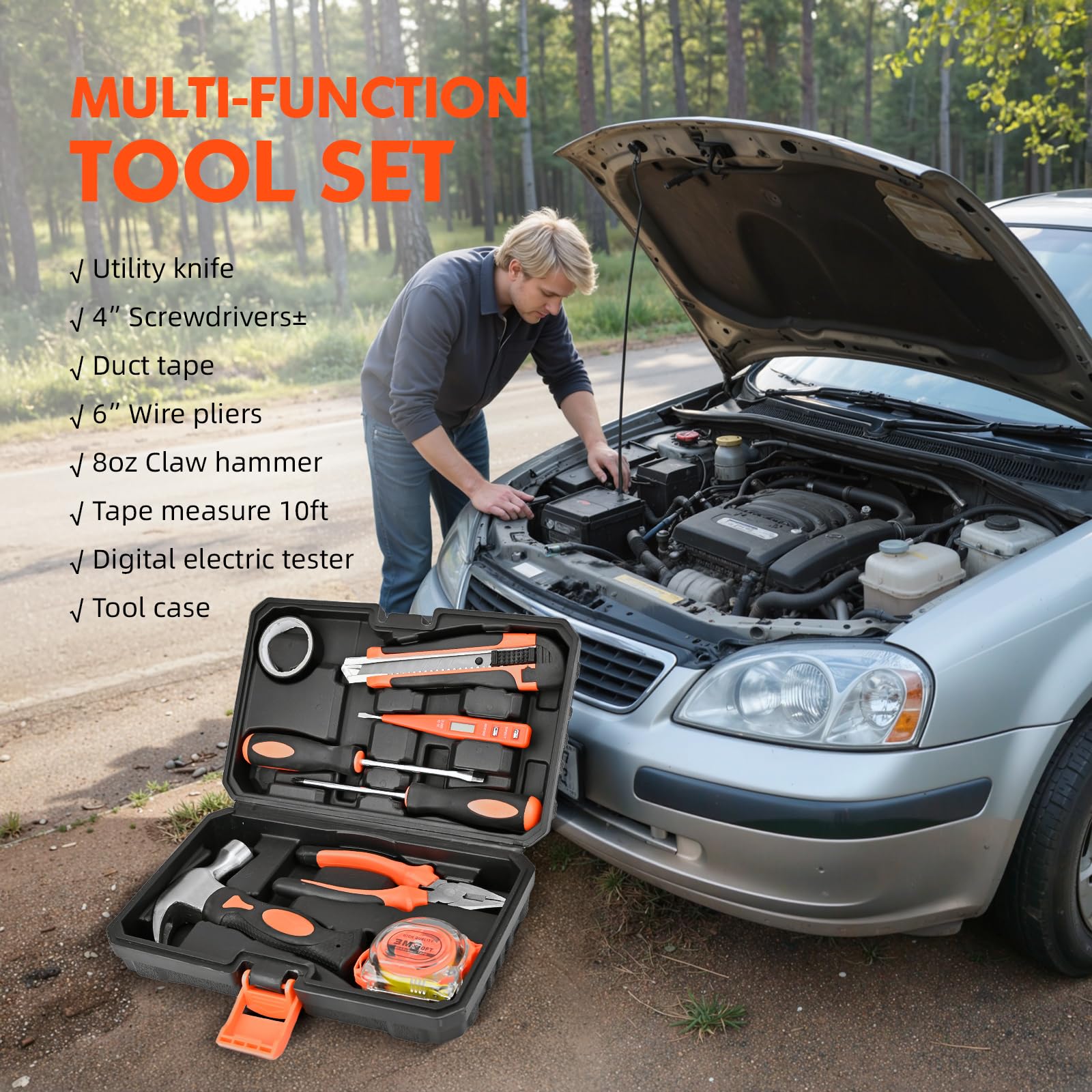 Car Emergency Kit with Portable Air Compressor, First Aid Kit, Jumper Cables, Roadside Safety Emergency Tool Kit for Women, Men, Teen