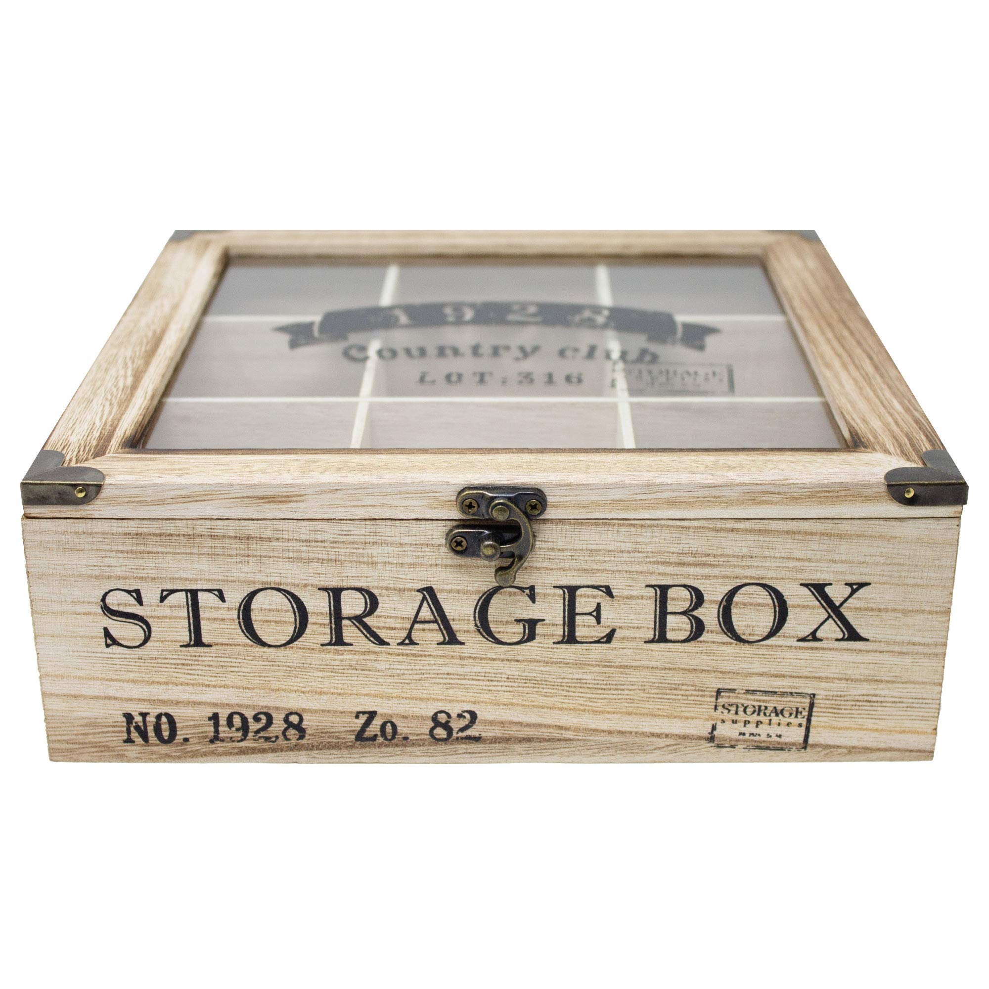 ToCi Scatola da tè in legno naturale con 9 scomparti – Scatola rettangolare con finestra in stile vintage – Contenitore per tè per bustine di tè, spezie e piccole parti | 24 x 24 x 8,5 cm
