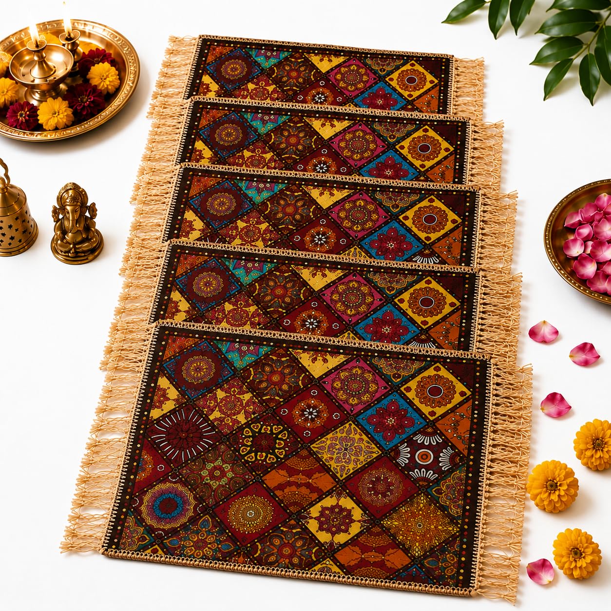 Handcrafted Sitting Mat for Pooja and Meditation, | Size 24 * 24| Multicolor Square Pooja/Hawan/Yoga Mat for Sitting, Aasan for Sitting in Pooja, Multipurpose Mat & Aasan by EVNCOM Pack of 5-image-3