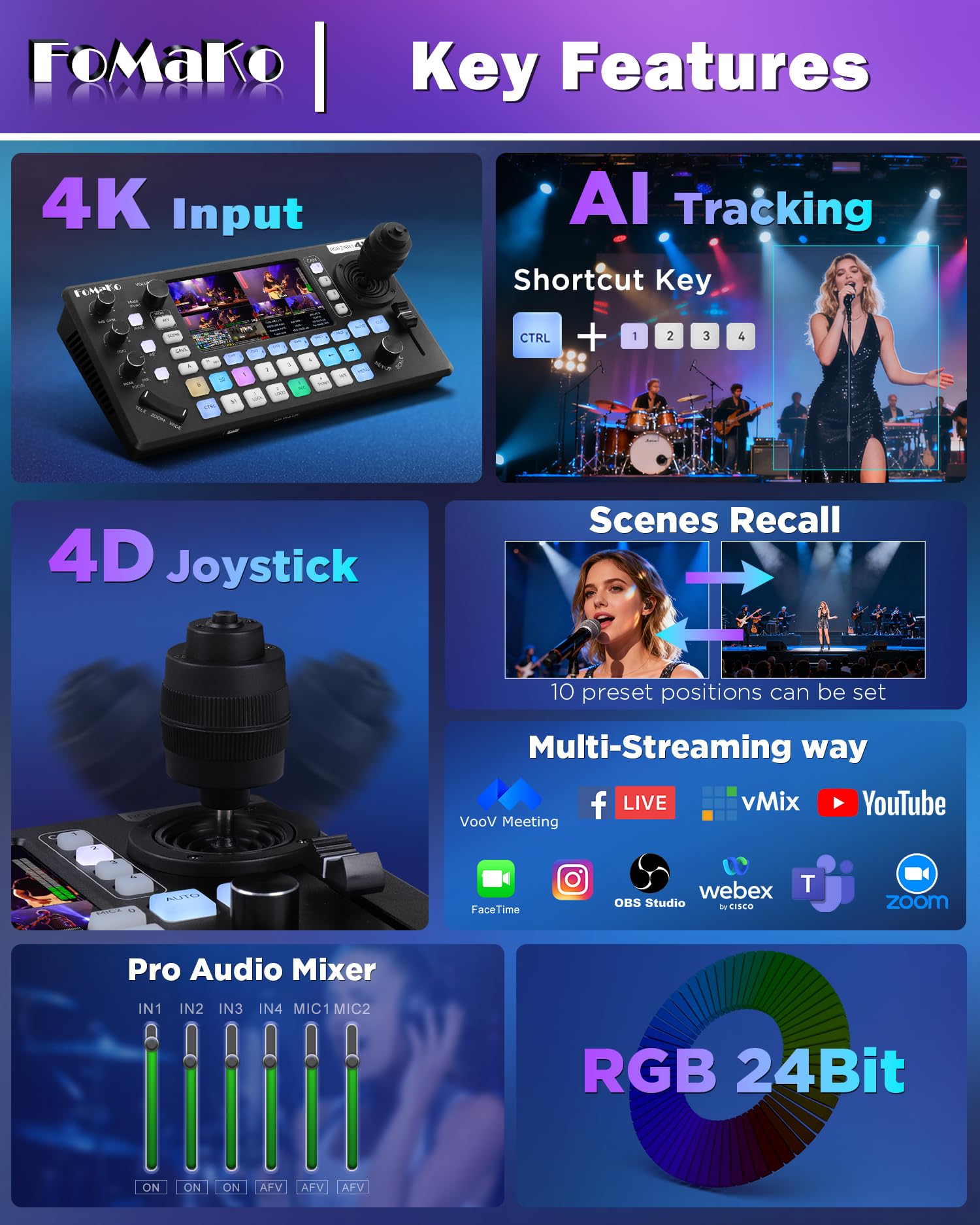 FoMaKo KC800 4K HDMI Videomischer Switcher, integrierter 4D-Joystick-PTZ-Controller, 5,5"-LCD-Bildschirm, professioneller XLR-Audioanschluss und USB/SD-Aufnahme, 4K 60FPS Eingang, 1080p 60FPS Ausgang