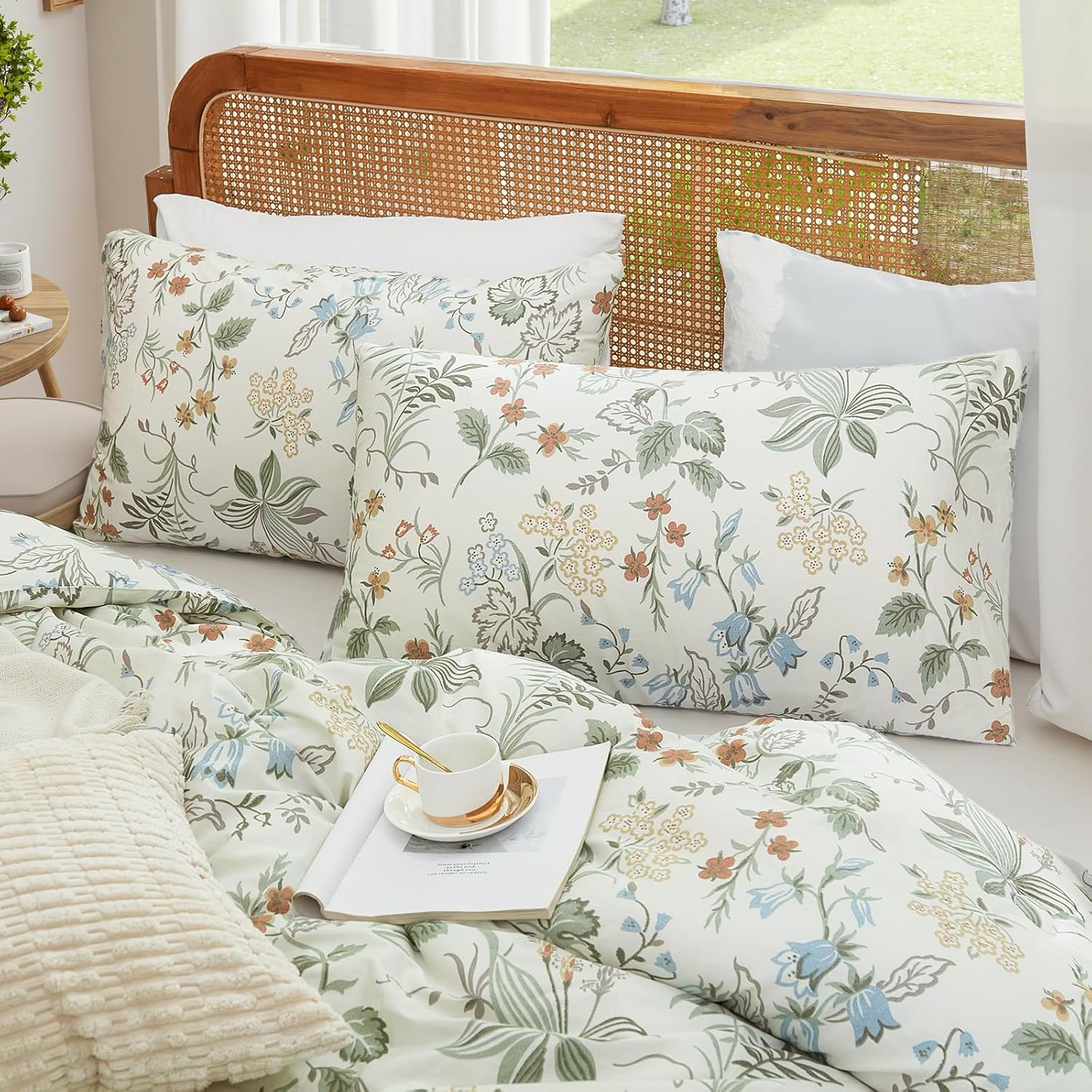 Merryword 100% Cotton Comforter Set King Size 3 Pcs Botanical Comforter Set Nature Floral Bedding with Greenery & Orange Flowers, Soft Breathable Lightweight Comforter Set for Cozy Bedroom Style - Image 6