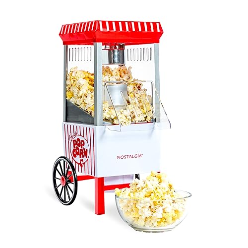 Nostalgia Vintage Hot-Air Popcorn Maker Machine - Makes Up to 12 Cups - Oil-Free - Healthier Popcorn - Classic Stand-Up Cart With Wheels - Includes Kernel Measuring Cup - White & Red - Hot Air Vintage - White/Red
