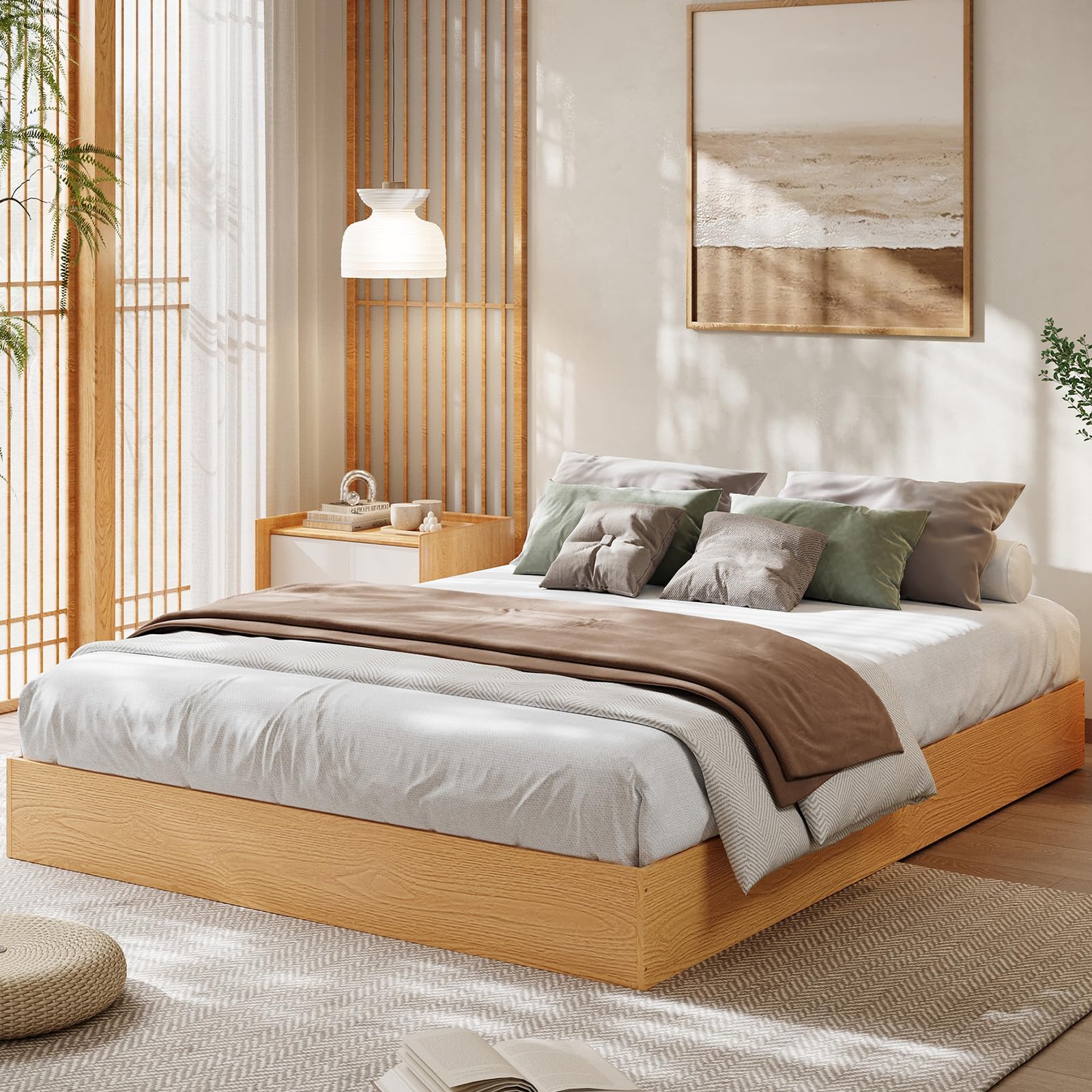 GarveeHome California King Wood Platform Bed Frame with mattress and bedding in a modern bedroom setting.