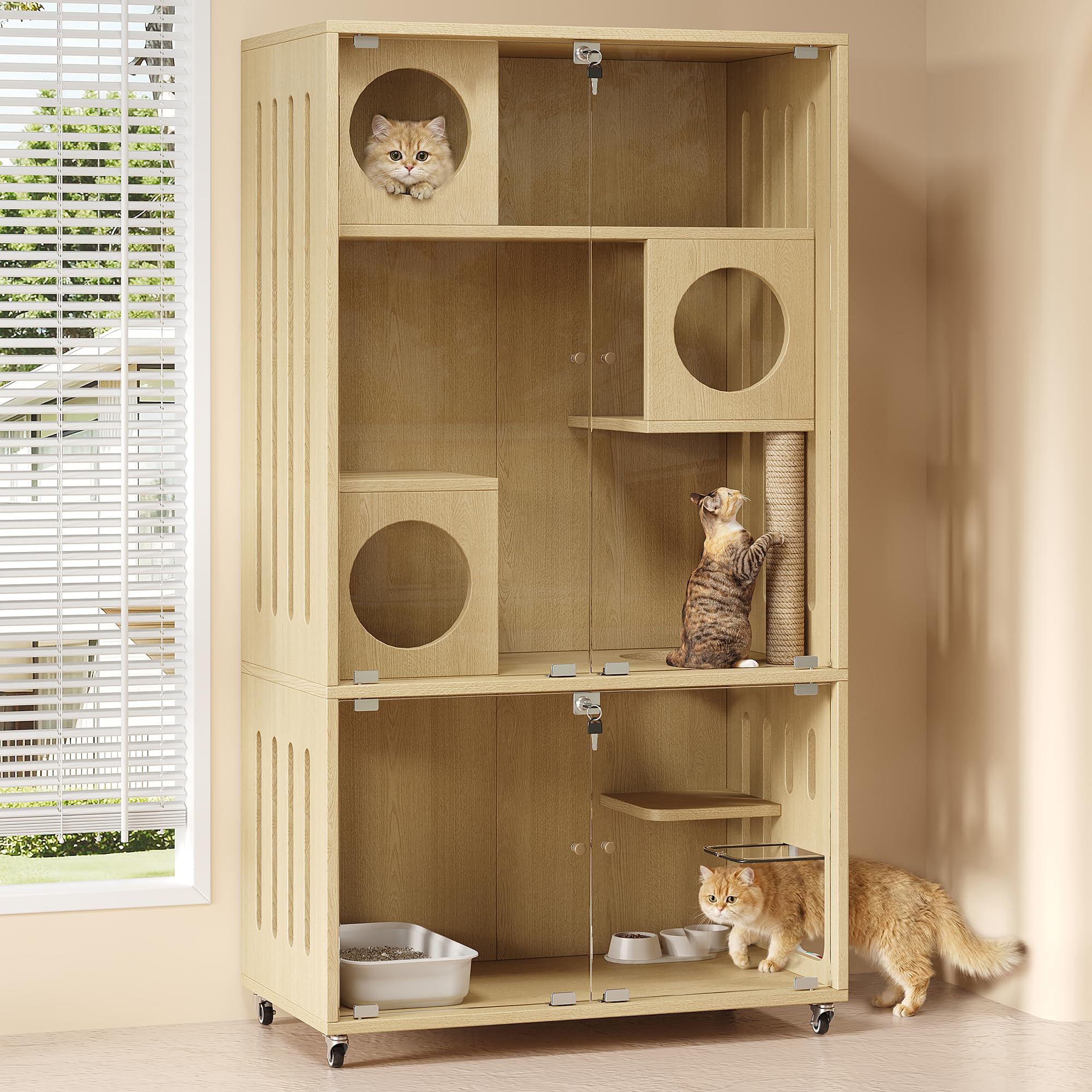 Jaula móvil para gatos, caseta para gatos interior, armario para mascotas, jaula de chinchilla, jaula para gatos, jaula para mascotas, con cierre de llave, puerta de entrada/salida, color madera