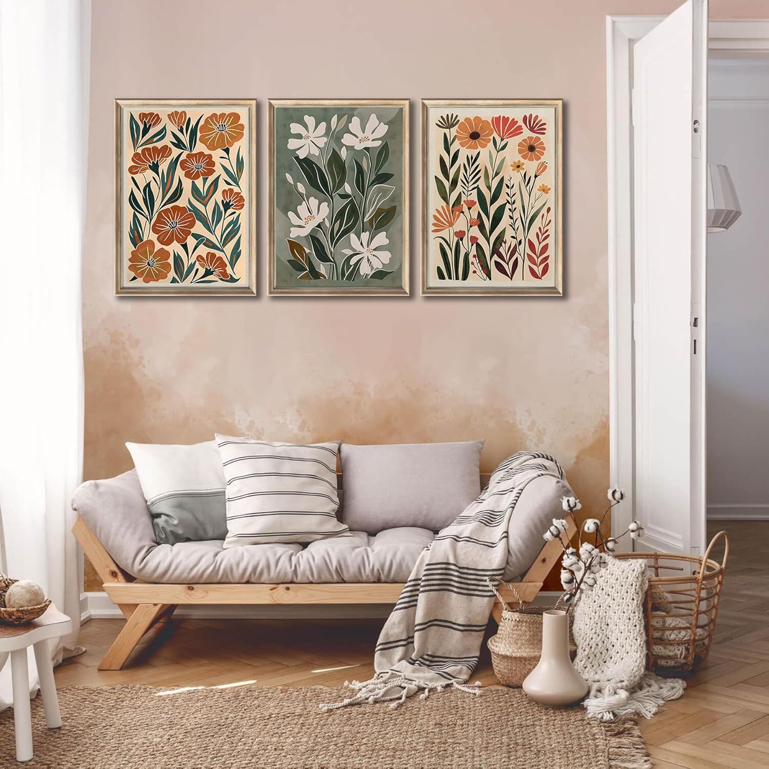 3pcs Abstract Boho Floral Canvas Wall Art Green Beige Flower Market Wall Decor Pictures Minimalist Colorful Botanica Posters Prints For Living Room Bedroom Office Home Decoration