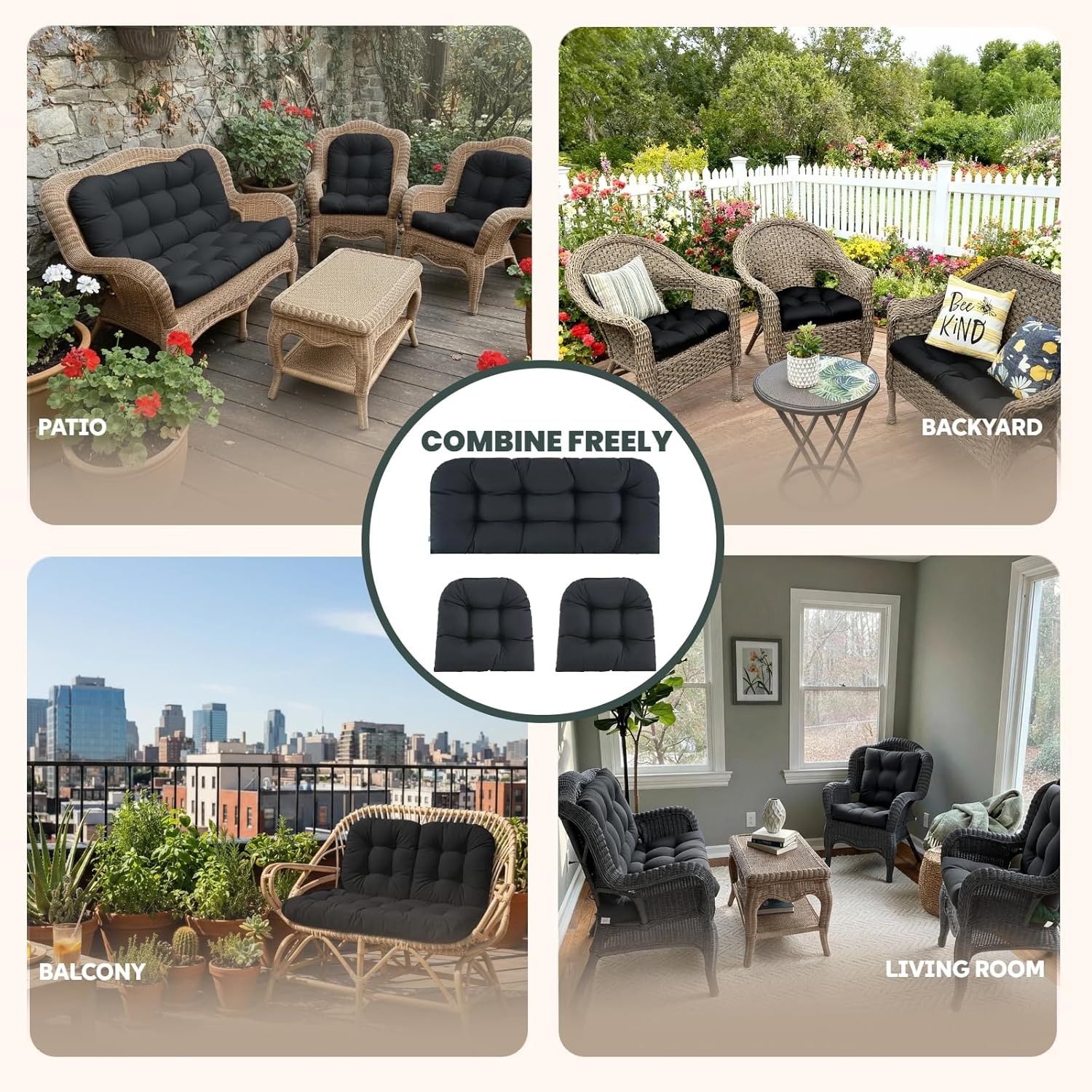 Wicker Chair Cushions 3 Piece Set, Waterproof Outdoor Cushions for Patio Furniture, Loveseat and U-Shaped Wicker Furniture Cushions, Black