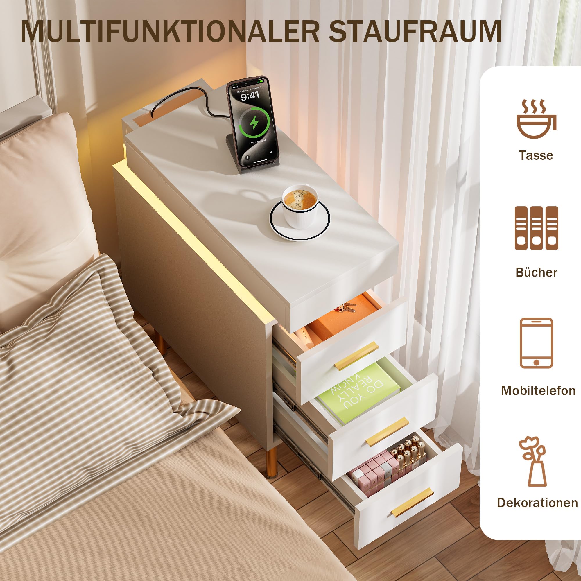 Nachttisch schmal Nachtschrank mit Steckdose und LED Lichtleiste Schmaler Beistelltisch mit Beinen Nachttisch mit 3 Schubladen und 1 Schiebefach für Schlafzimmer, Wohnzimmer Weiß