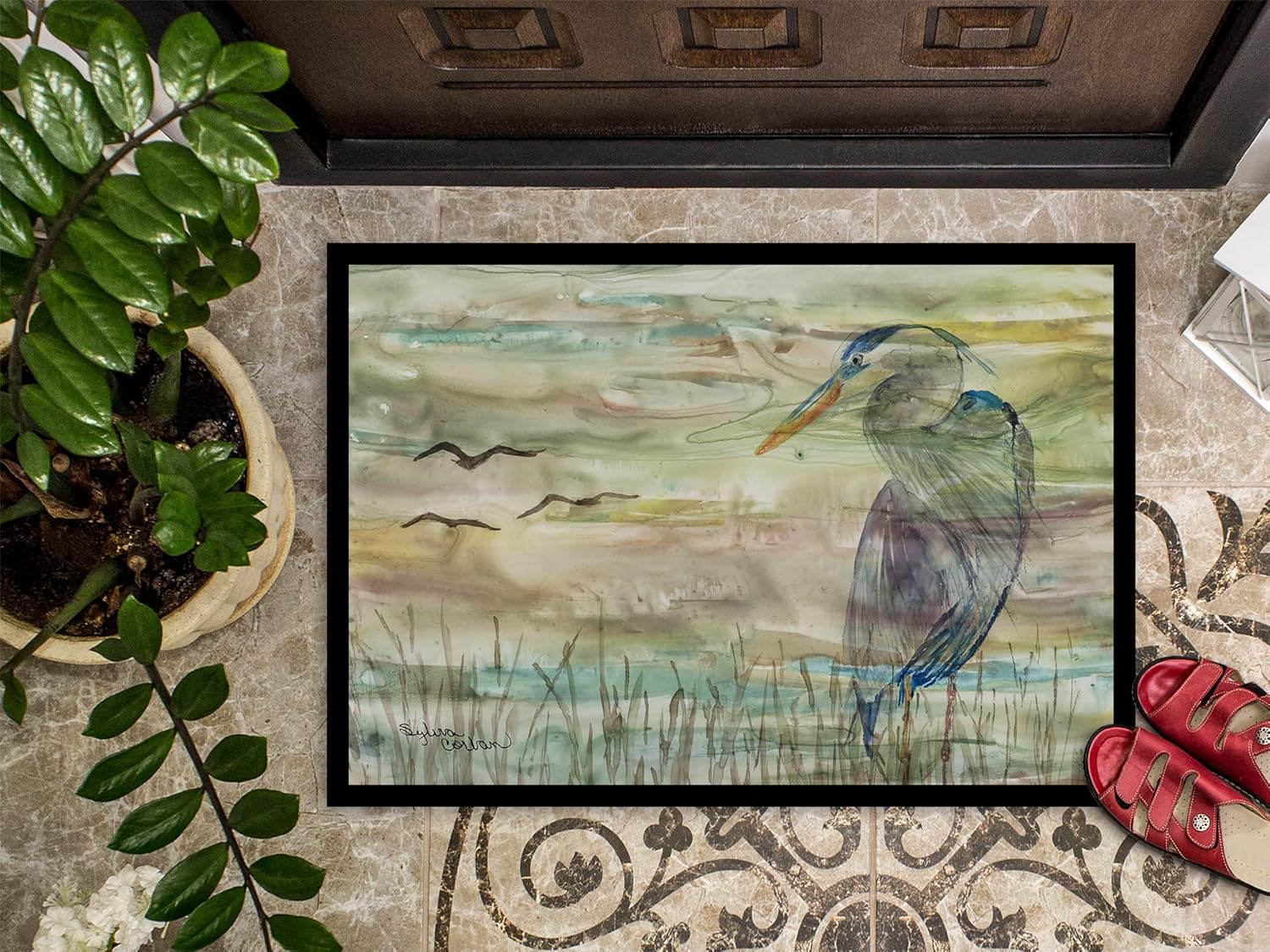 Caroline's Treasures SC2019JMAT Blue Heron Sunset Doormat 24x36 Front Door Mat Indoor Outdoor Rugs for Entryway, Non Slip Washable Low Pile, 24H X 36W