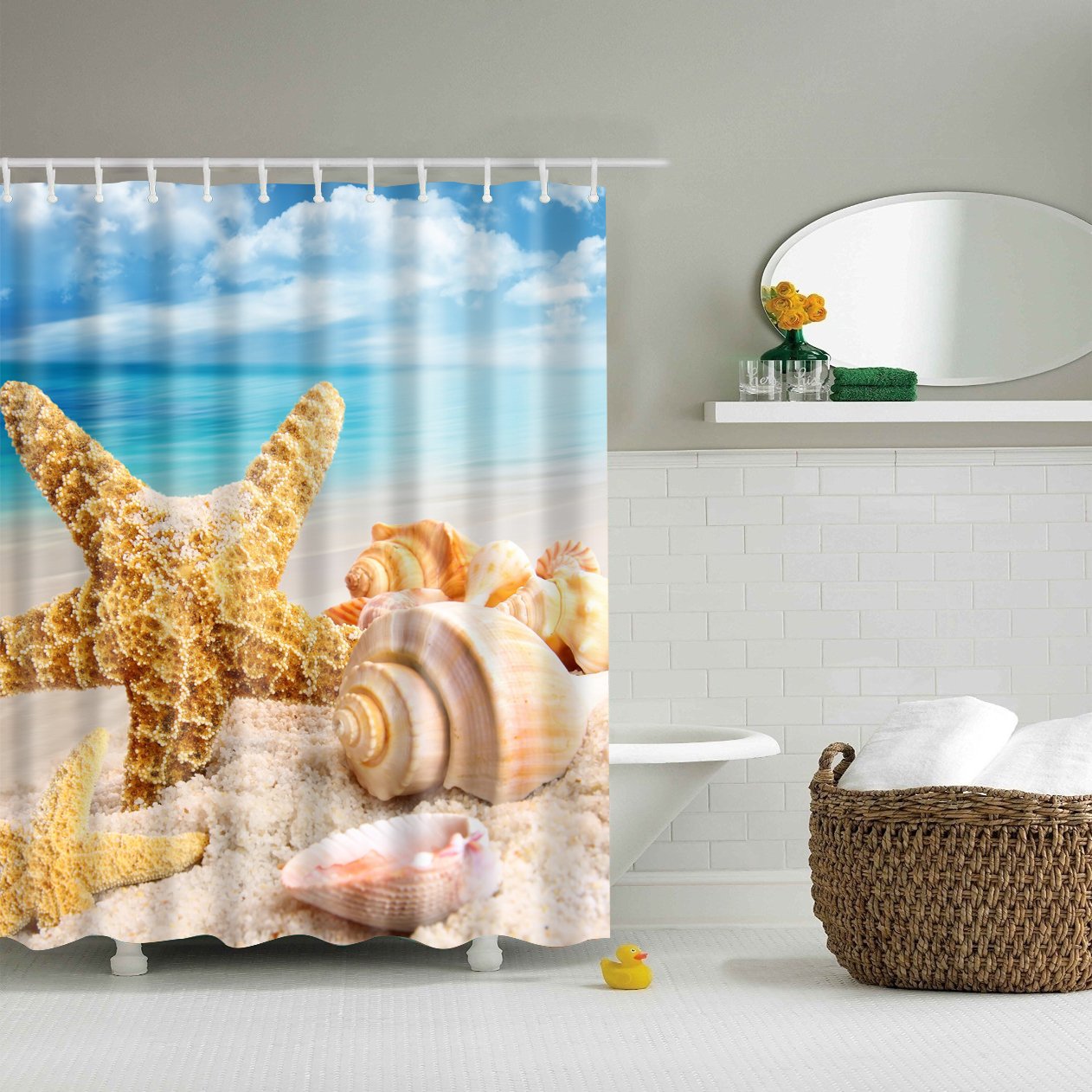 StoneMaxi Waterproof 180 x 180 Polyester Bathroom Shower Curtain Print Fabric With 12 Hooks Multiple Designs for Kid Cartoon Style Anti-Mould Proof Resistant Machine Washable (Sea Star)
