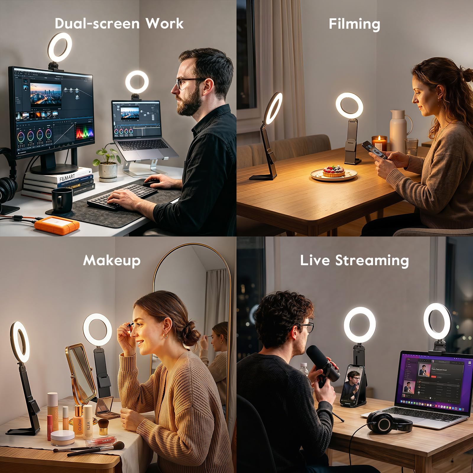 Evershop Luce ad anello per laptop, PC, videoconferenza, 2 pezzi, anello Light da 5", tavolo con treppiede e supporto per cellulare, 3 colori di luce, 10 livelli di luminosità, girevole a 360°