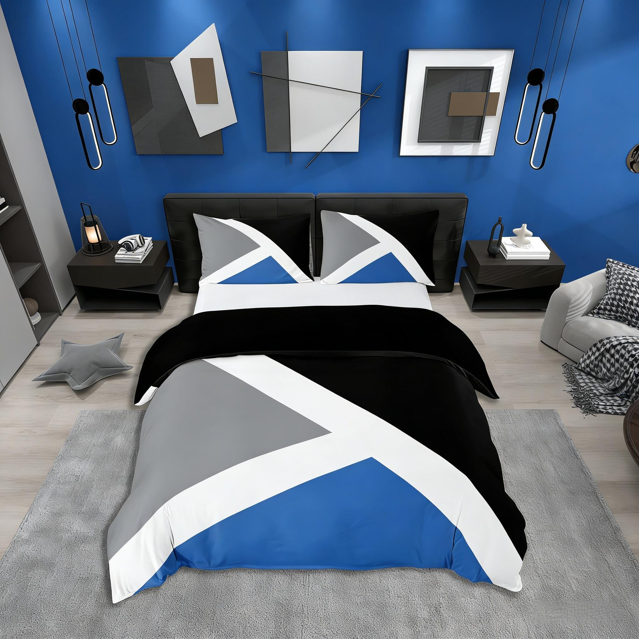 Loussiesd Kids Geometric Abstract Bedding Set Grey Blue Stripe Duvet Cover for Kids Women Men Modern Triangle Decor Comforter Cover Set Decor Bedspread Cover Single Size Bedding Collection 2Pcs