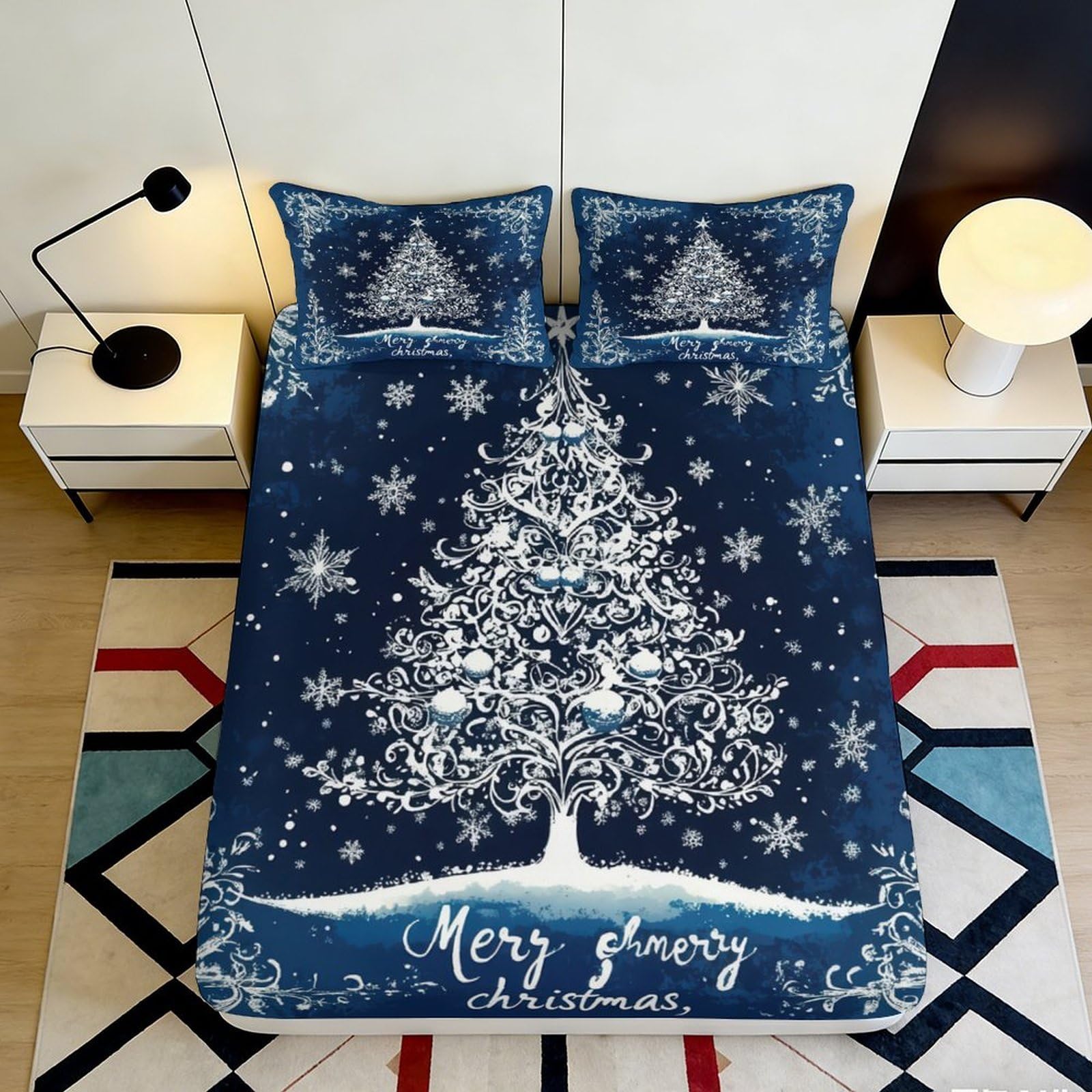 3D Printed Christmas Tree Fitted Sheet Microfiber Navy Blue Snowflake Mattress Cover for Bedroom Dorm Home Decor 200x200x25cm