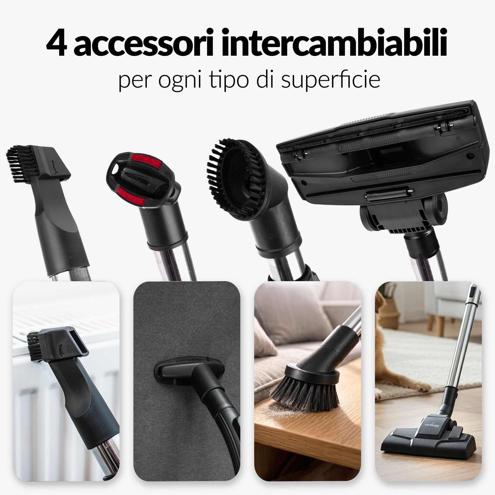 LEHMANN Aspirapolvere a Traino senza Sacco, Potente Tecnologia Ciclonica, Doppio Filtro HEPA per Allergici, Capacità 2,5 L, Serbatoio facile da Pulire, Design Compatto, Set di Accessori, Nero/rosso