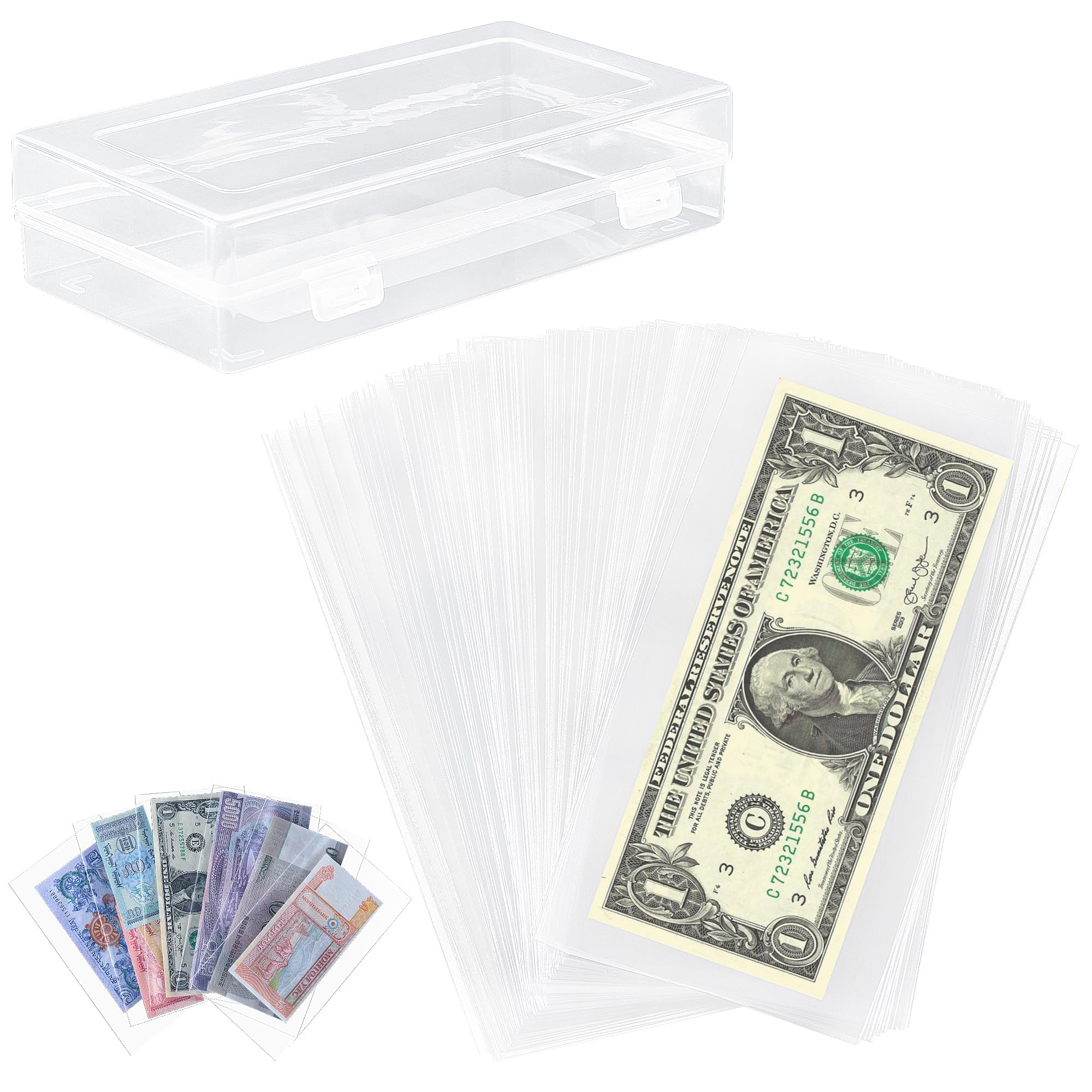 200 Pieces Dollar Bill Holder with Storage Box, Clear Paper Money Sleeves Currency Sleeves and Holder Money Collection Sleeves Bank Note Sleeves for Collector PN02