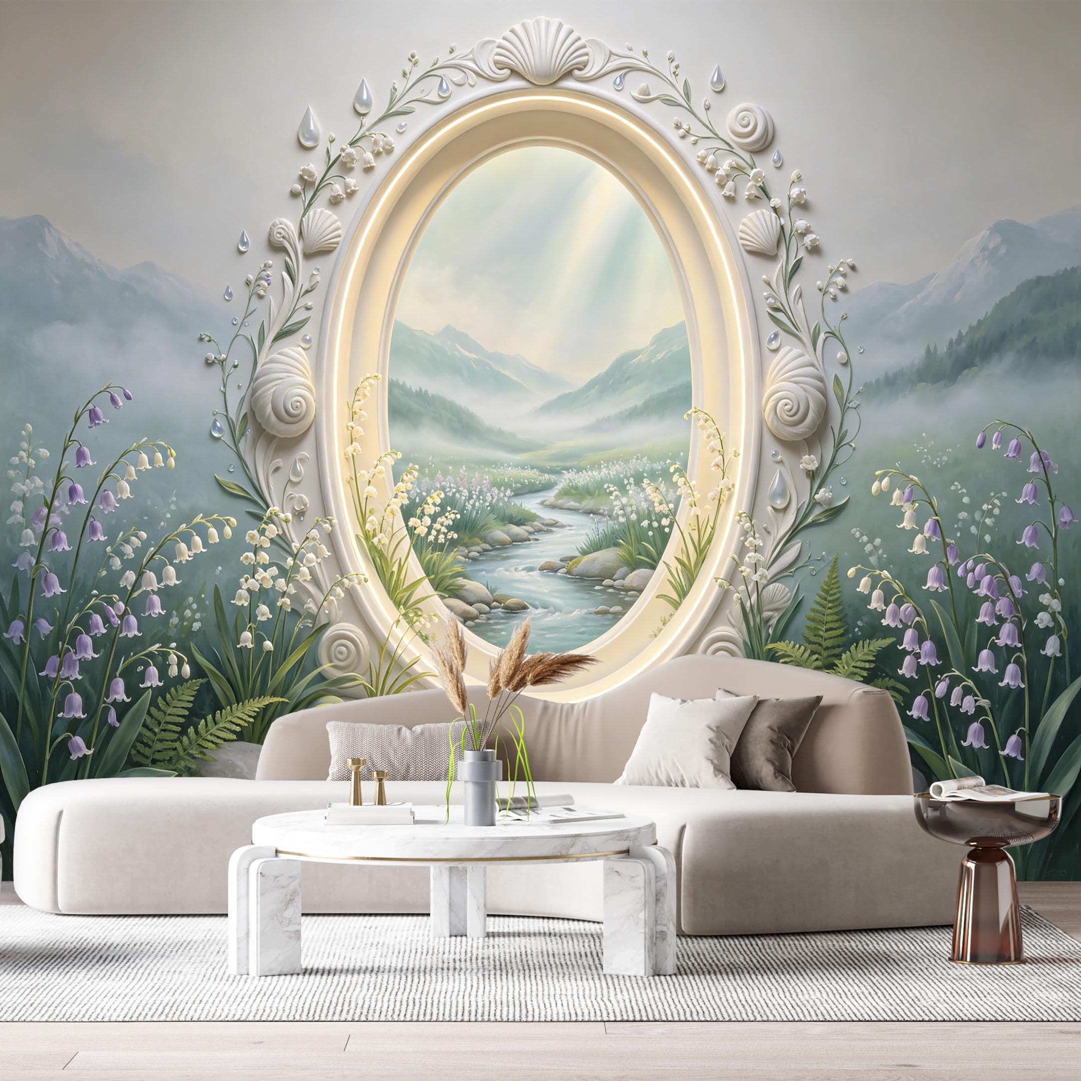 Custom Size Wall Murals Mountain Stream Landscape Neoclassical Oval Window 3D Trompe L'Oeil SelfAdhesiveWall Fabric Removable Wallpaper Wall Decor for Living Room Bedroom Bathroom