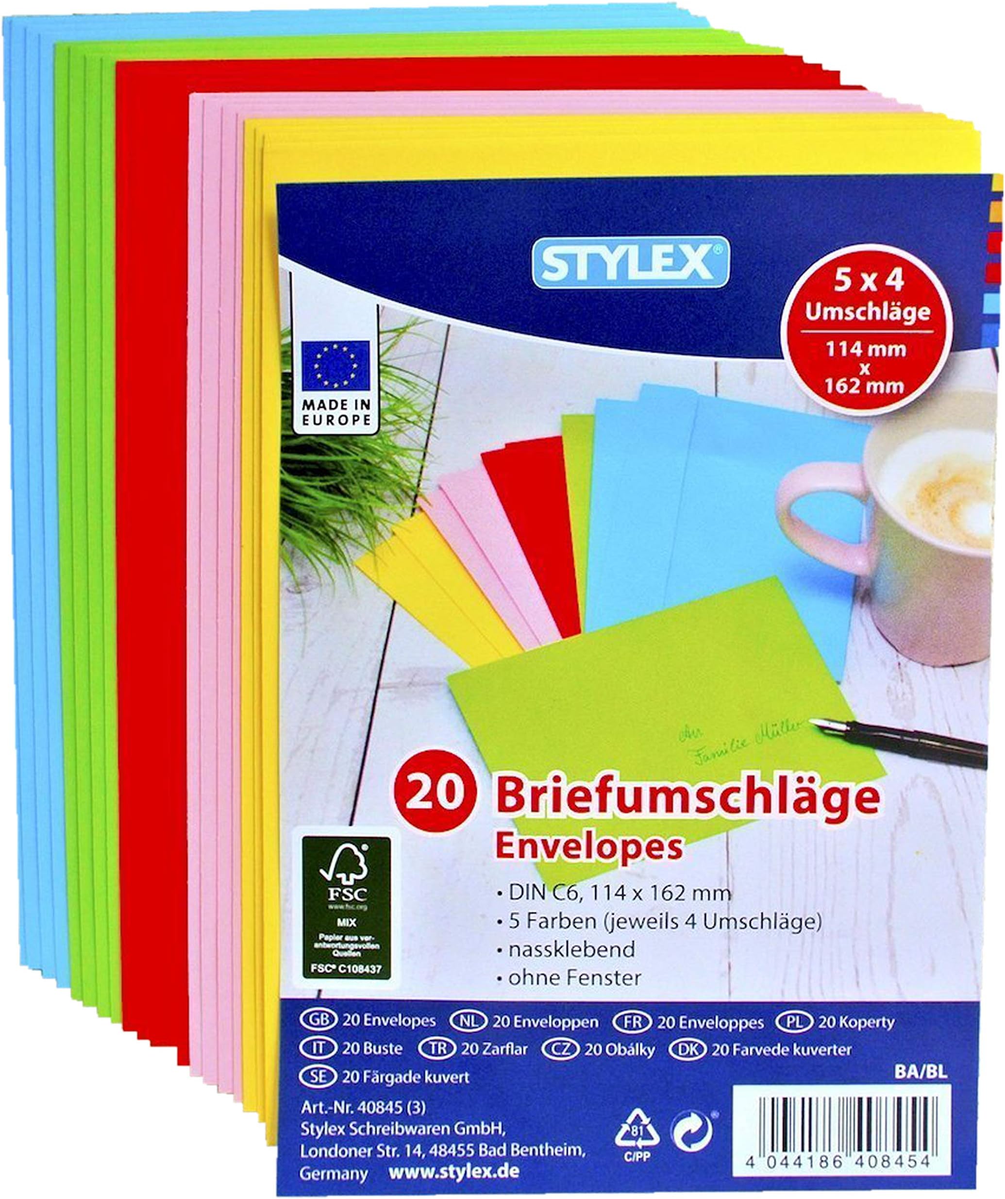 100 (5 x 20) coloured envelope, C6 colourful envelope DIN C6 | 100 Stück assorted colours