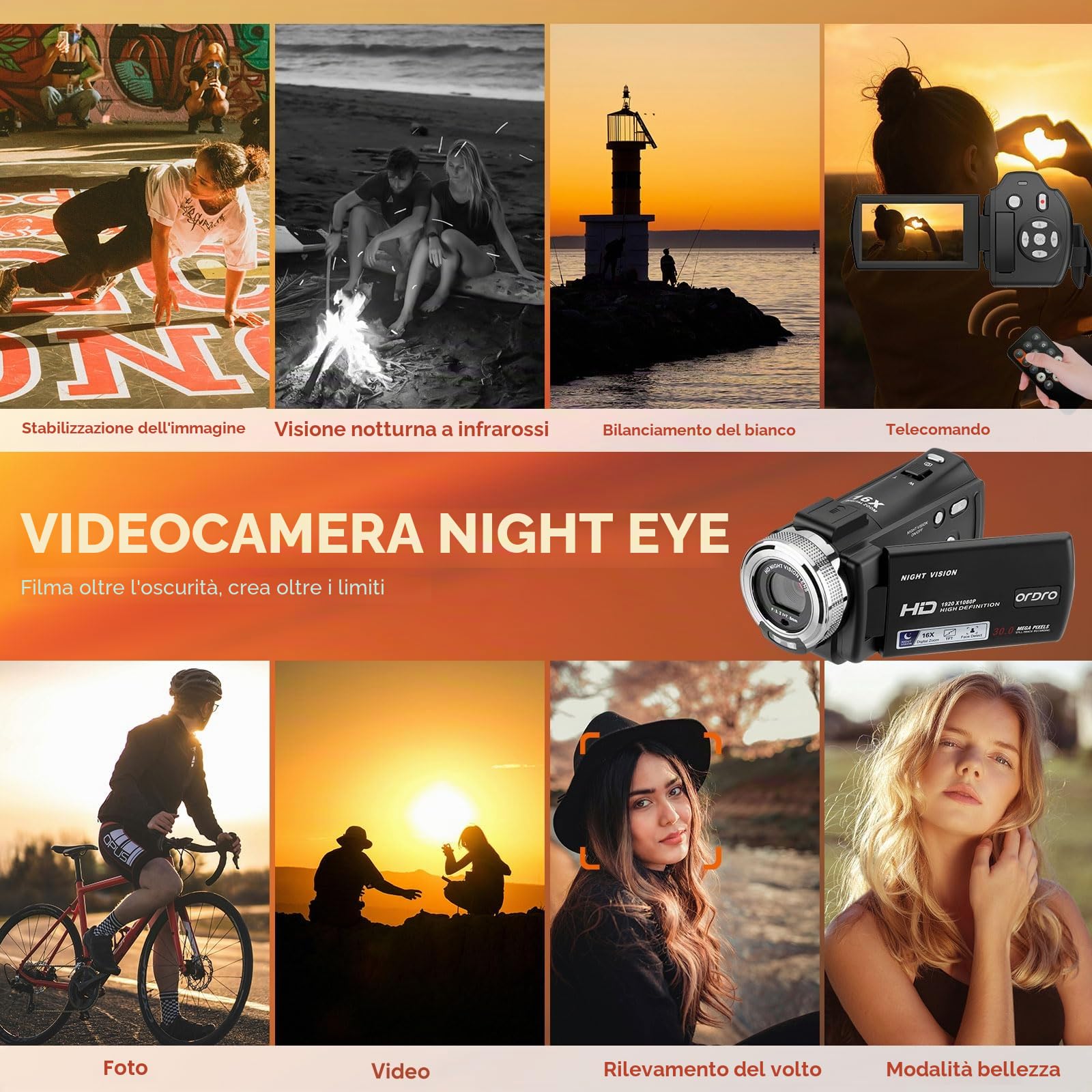 ORDRO Videocamera Full HD 1080P per Visione Notturna YouTube - LCD 3.0 Pollici, Rotazione 270 Gradi, 16X Zoom Digitale - Con 2 Batterie e Scheda SD da 16 GB