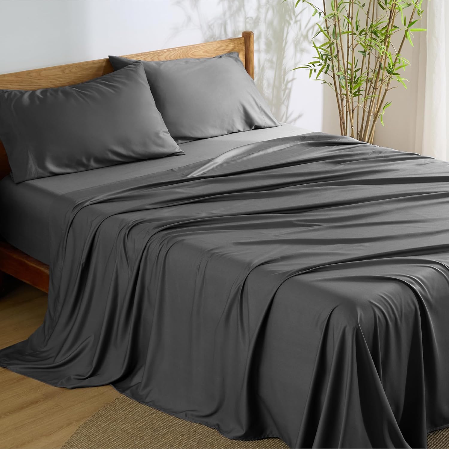 Bedsure King Size Sheets Set, Cooling Sheets for Hot Sleepers, Rayon Derived from Bamboo, Breathable & Soft, Deep Pocket Up to 16 Inches, Hotel Luxury Silky Bedding, Grey 27 - Charcoal King